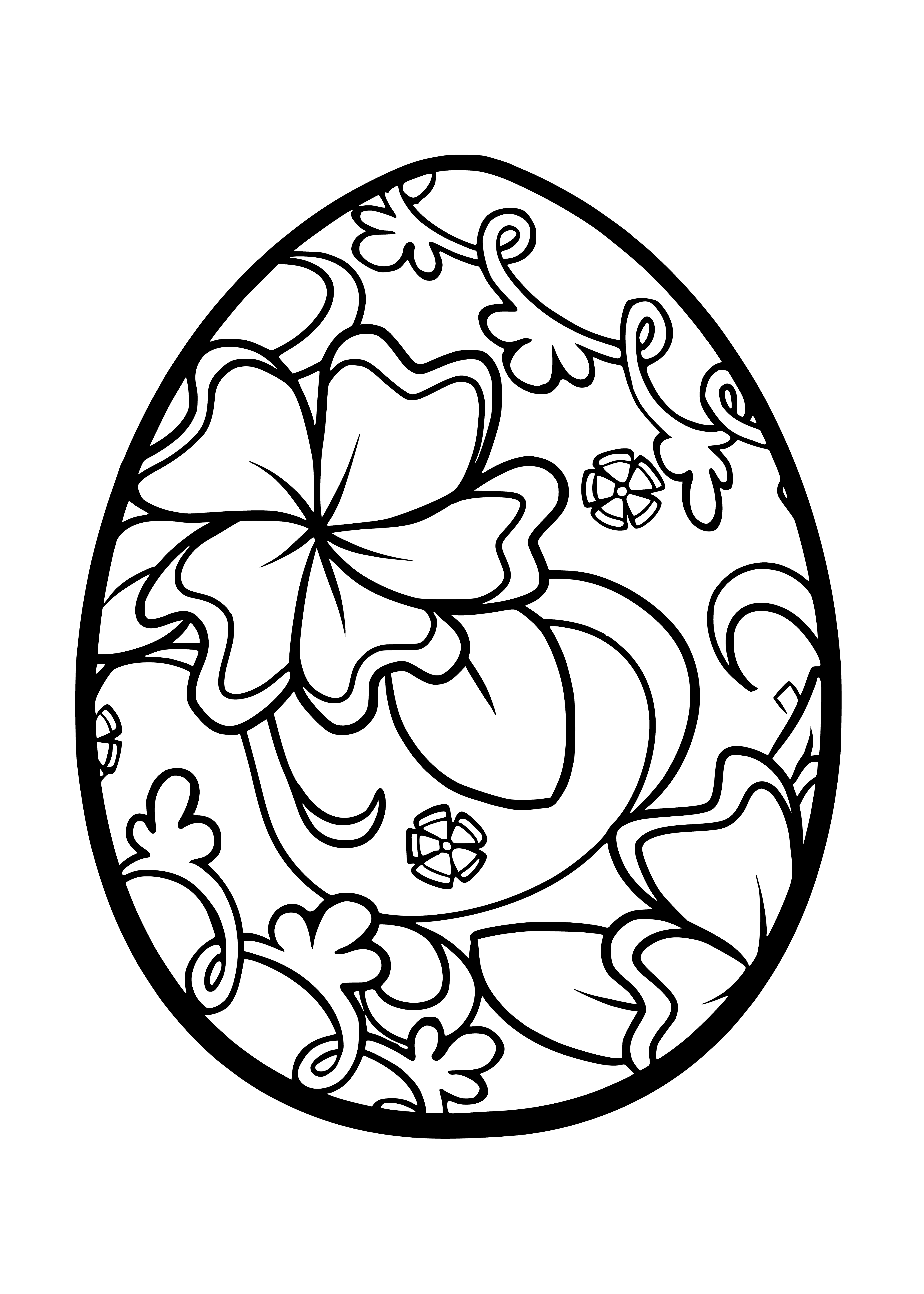 coloring page: 7 eggs: 3 blue, 2 green, 1 pink & yellow each with stripes & polka dots.