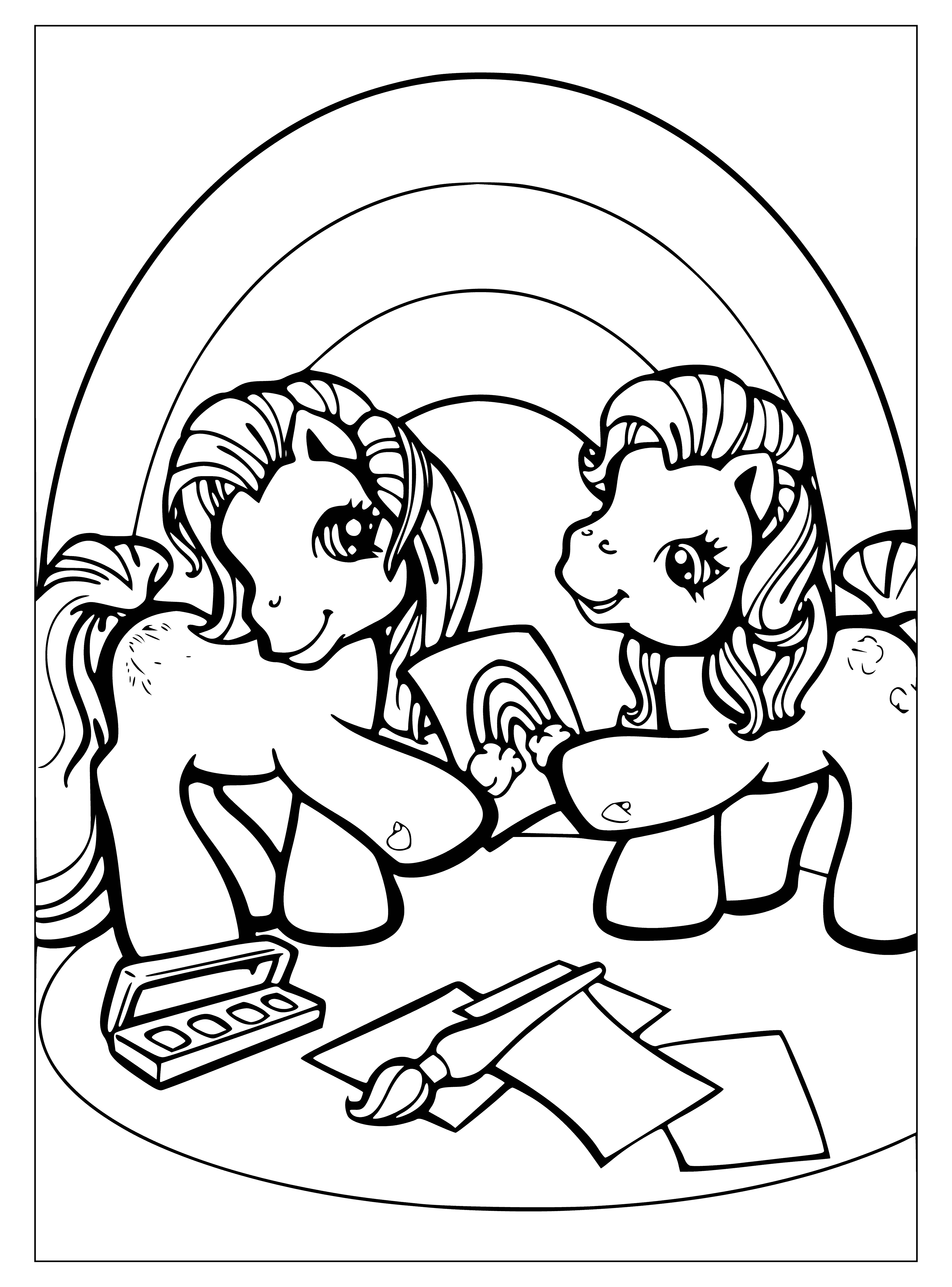 Twee pony's van My Little Pony teken een regenboog