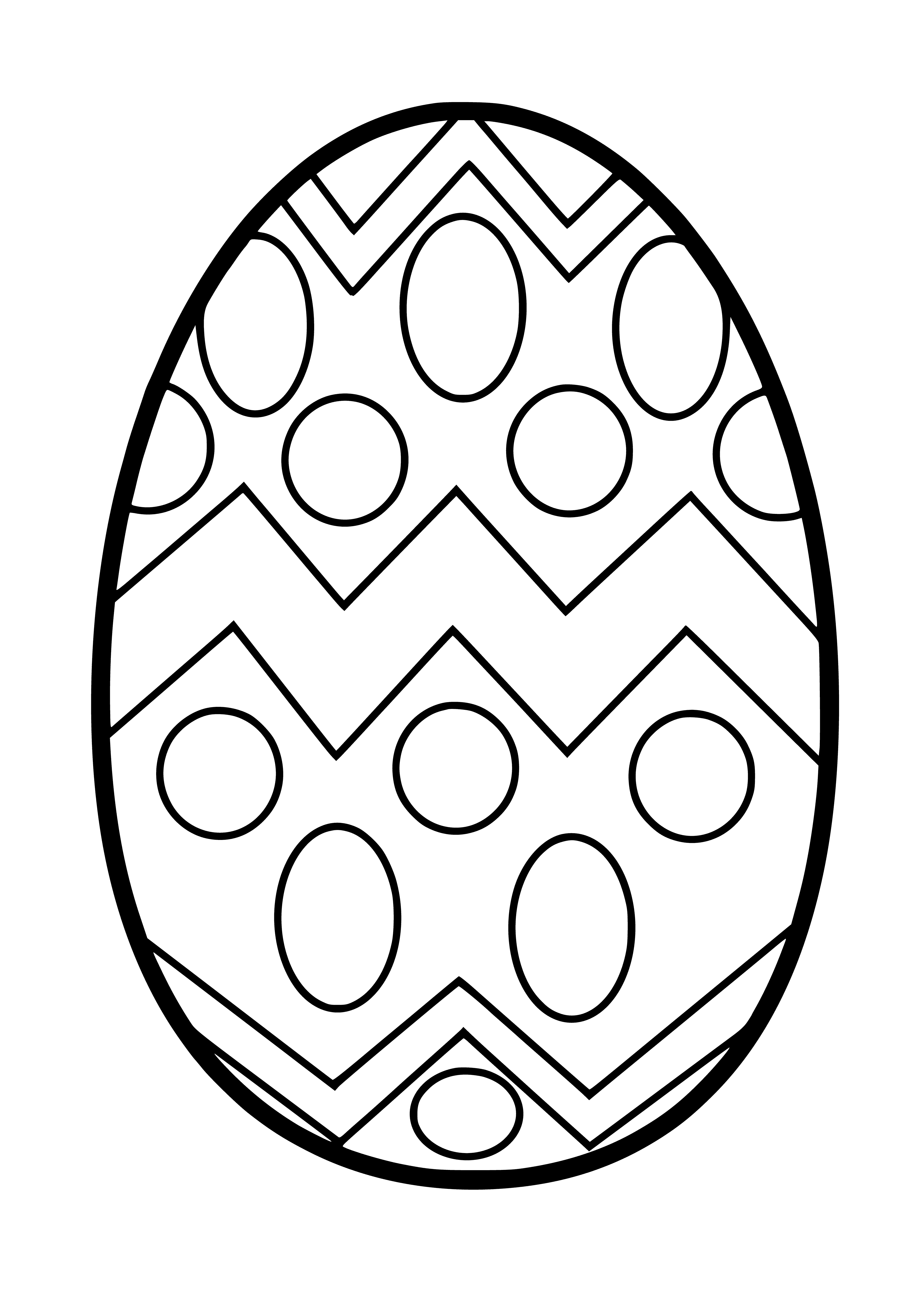 coloring page: Light brown bunny with long ears painted on a round pale egg, surrounded by green leaves.