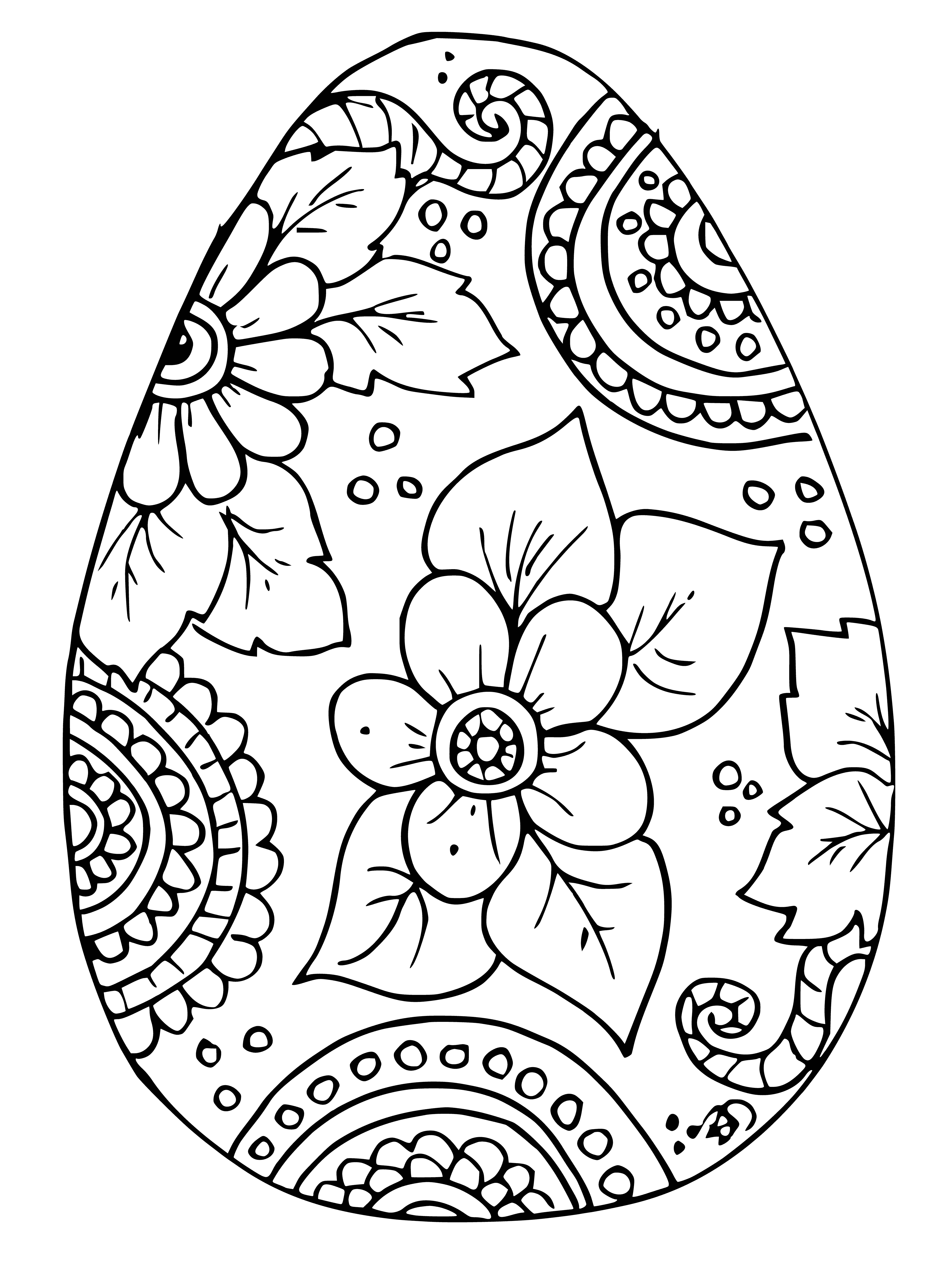 coloring page: 'tBrightly-colored Easter eggs with patterned shells and ribbons tied around some sitting in a basket.