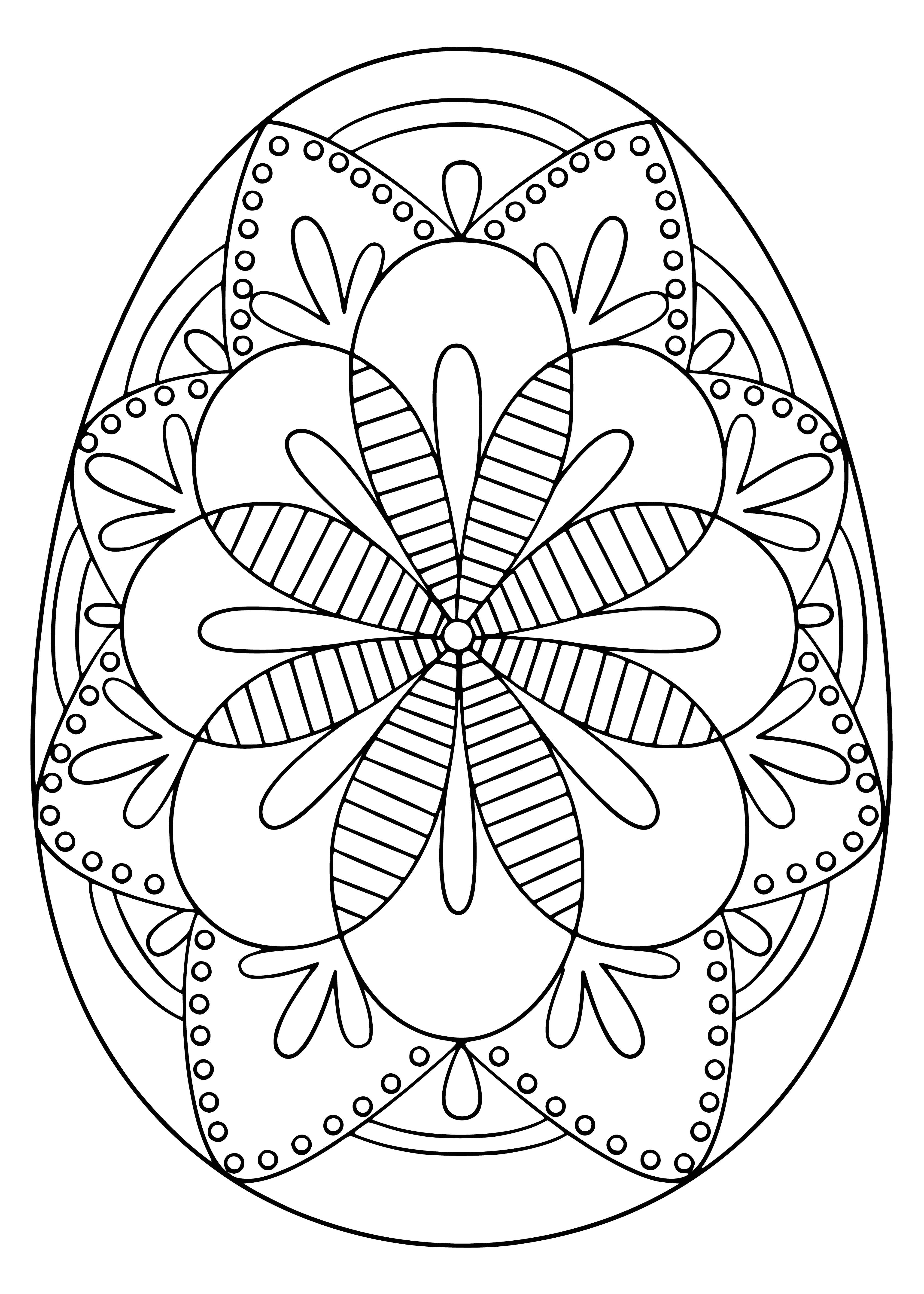 coloring page: Intricate brown Easter egg sits on green/brown background, featuring flowers, leaves, and branches.