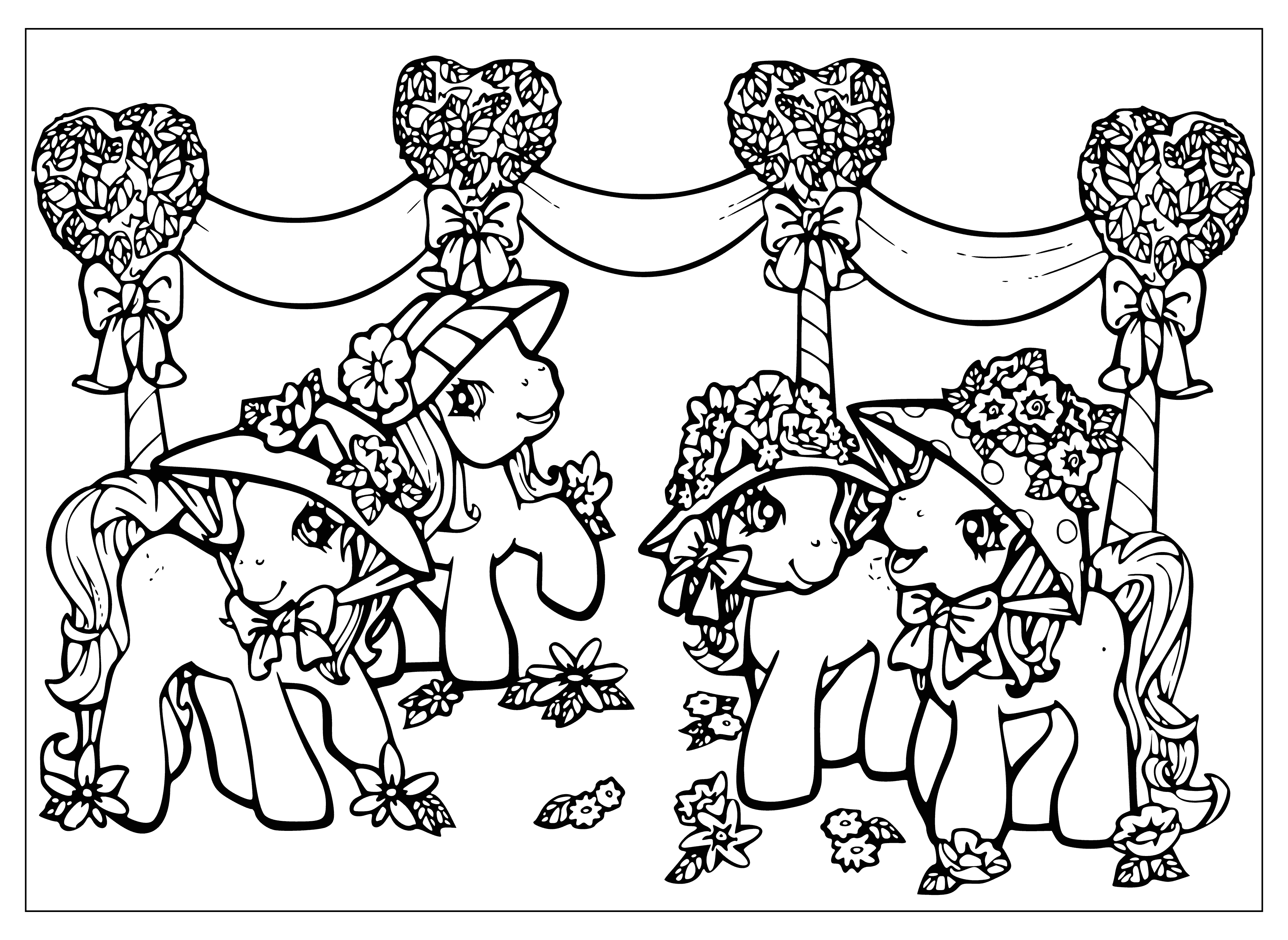Coloring with pony, decorated with flowers and festive elements.