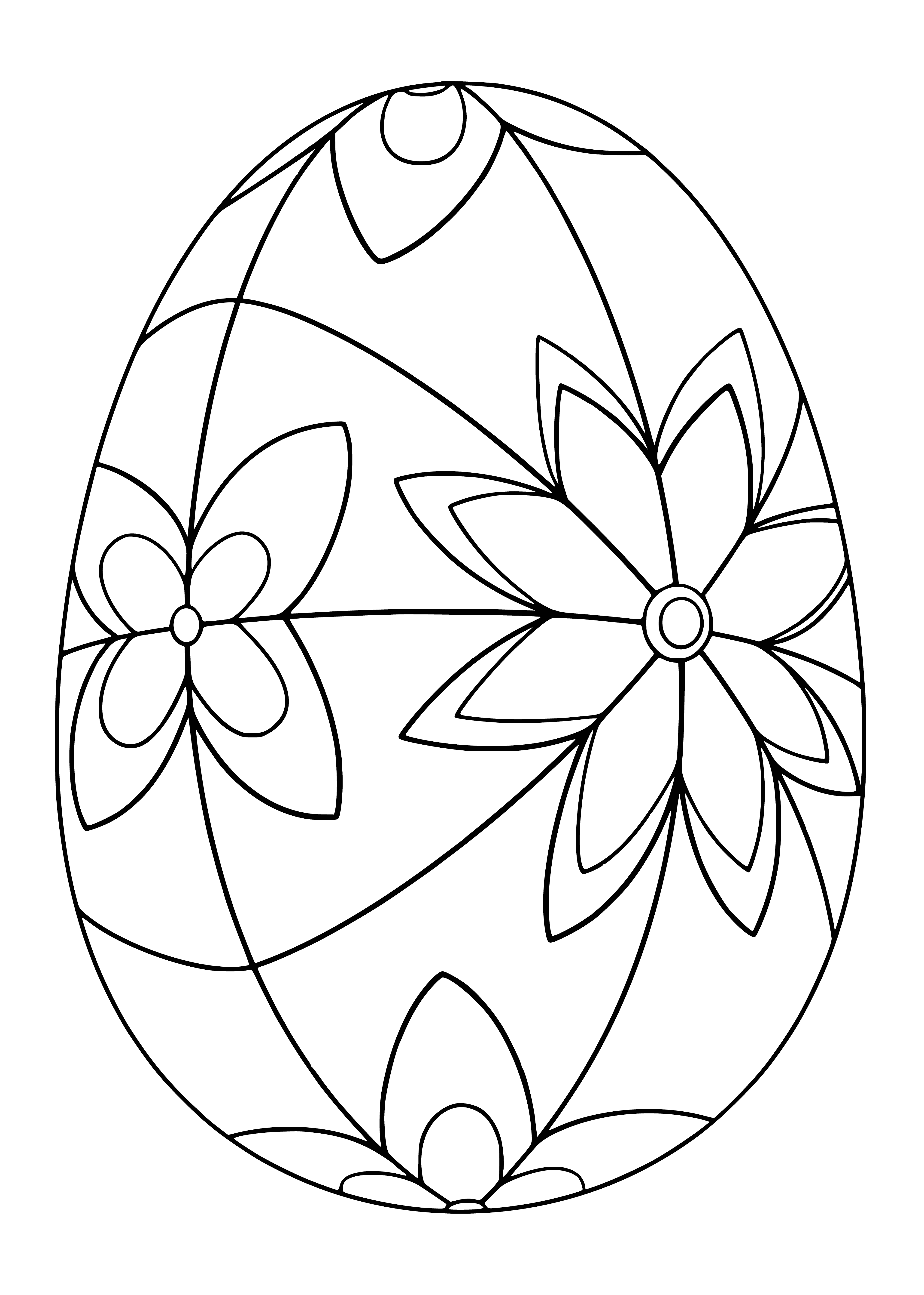 coloring page: 3 Easter eggs- brown, blue w/ yellow chick- decorated w/ white bunny shapes.