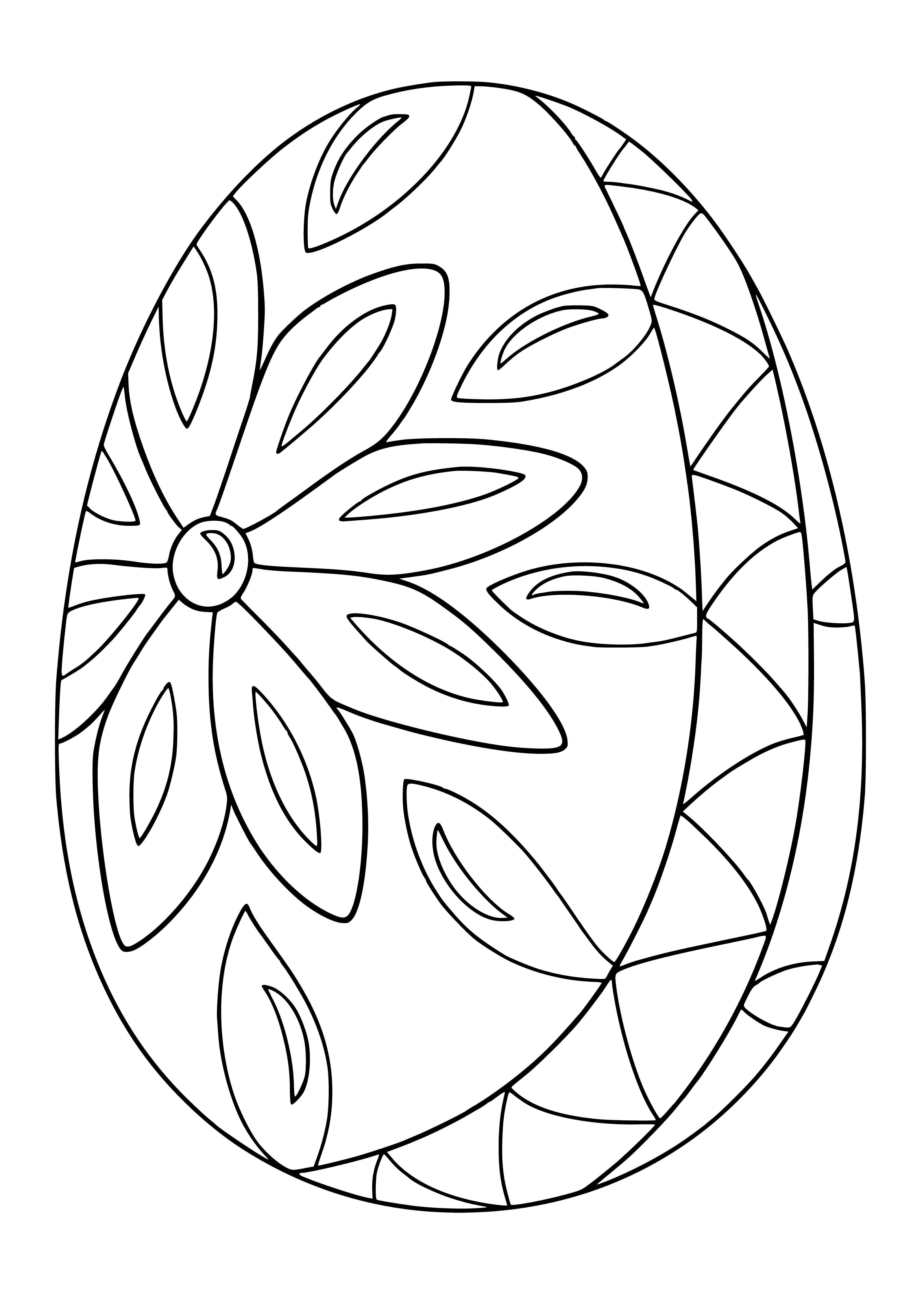 coloring page: 140 characters: 7 Easter eggs in coloring pg; 5 yellow, 1 green, 1 pink; all w/ diff. patterns: stripes, dots, checkered, & 2 flower designs.
