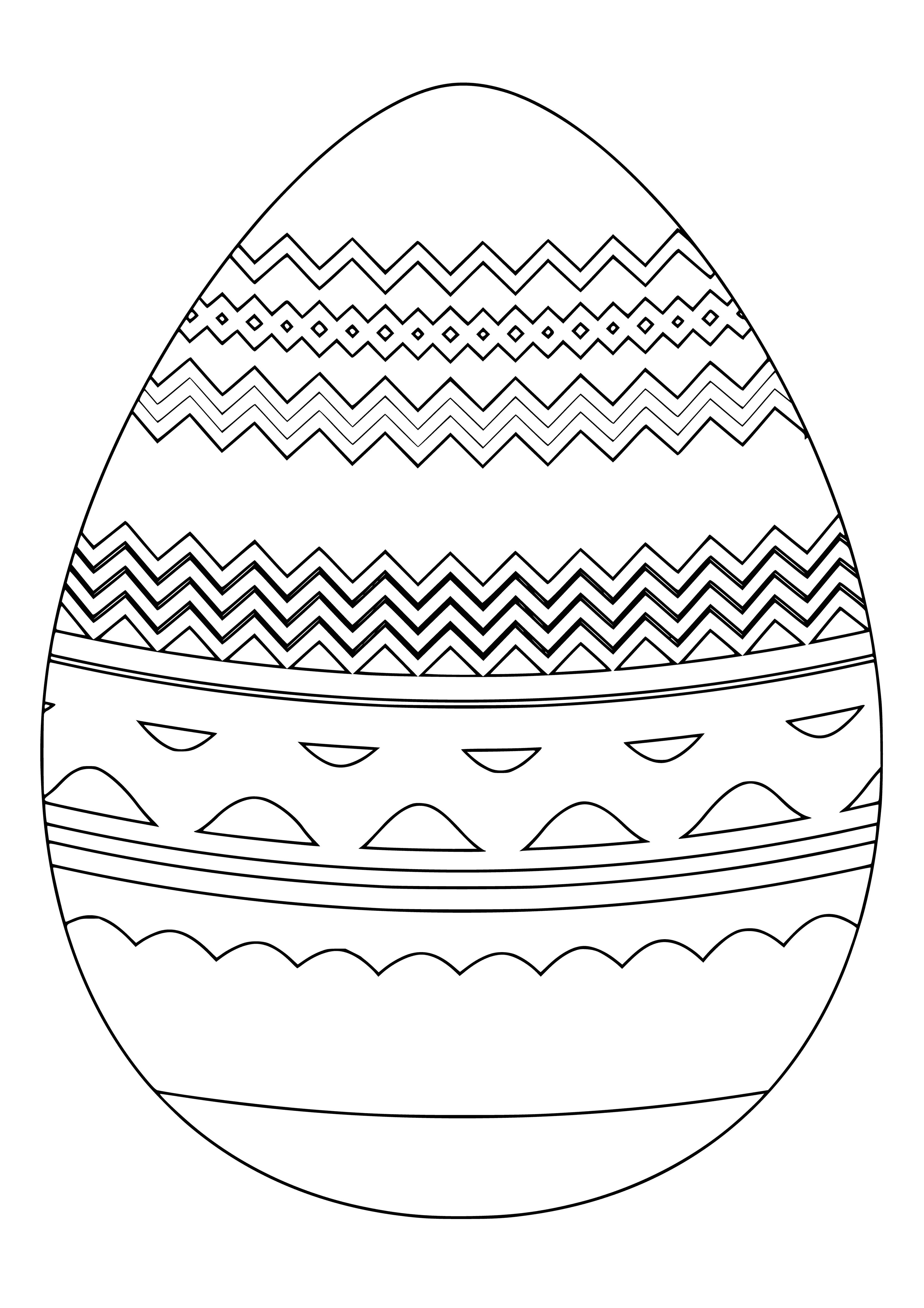 coloring page: Four eggs, two brown and two white, in green grass with stripes and dots.