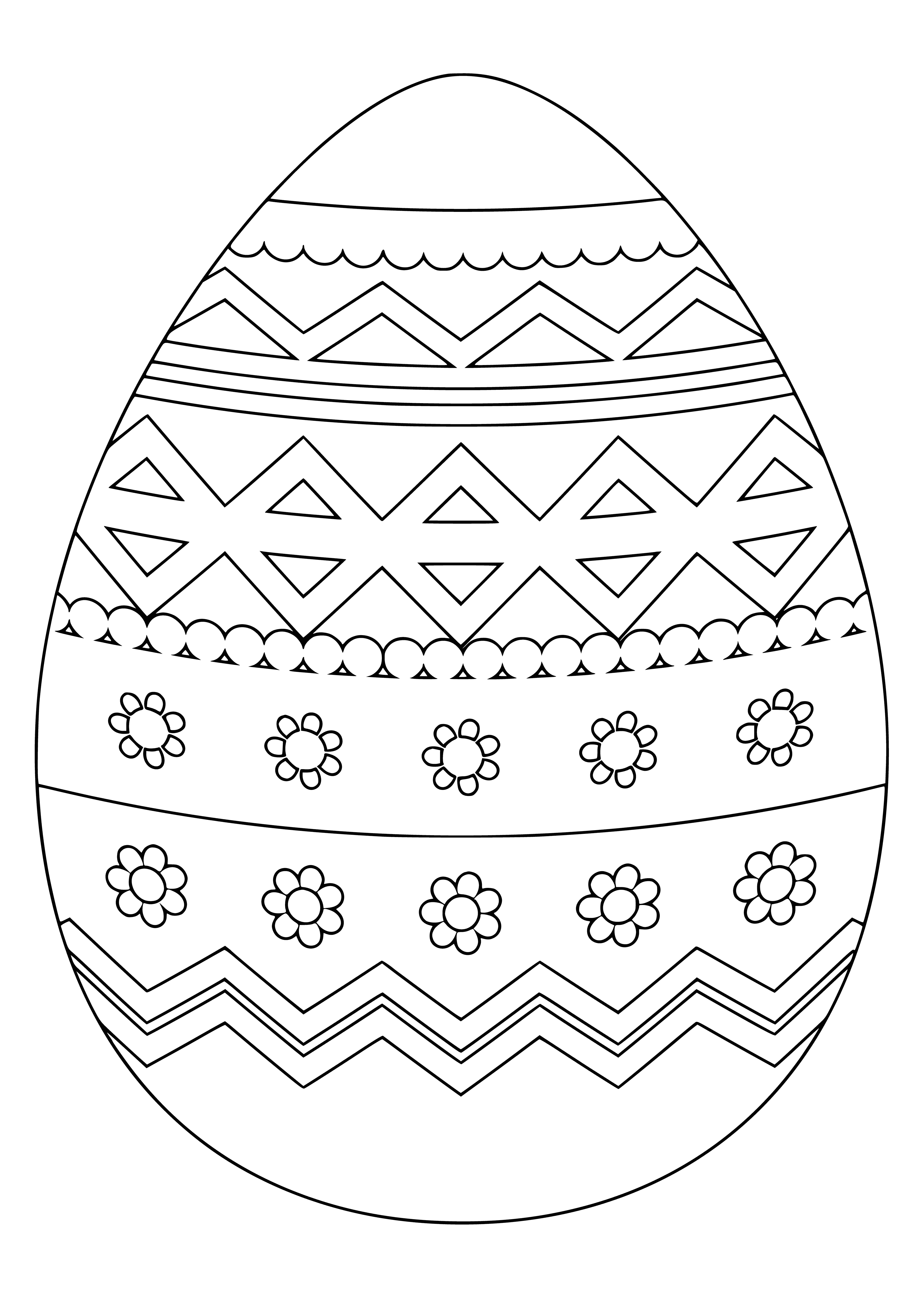 coloring page: 2 painted eggs on coloring page: pink w/ flower design & blue w/ stripes design - both have colorful tops. #Easter #Craft