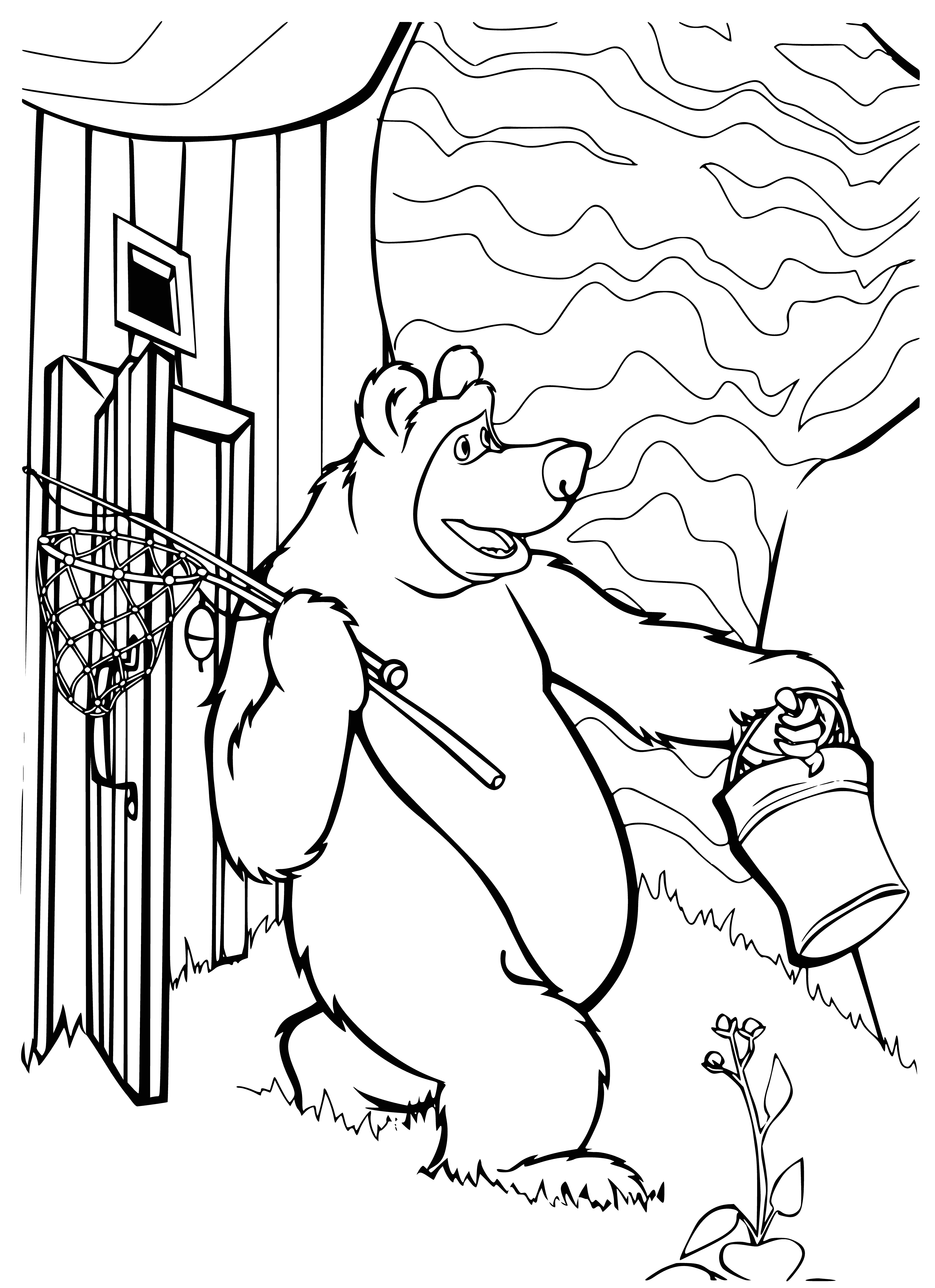 coloring page: Masha and Bear fishing in a forest with a river. A fish jumps out of the water.