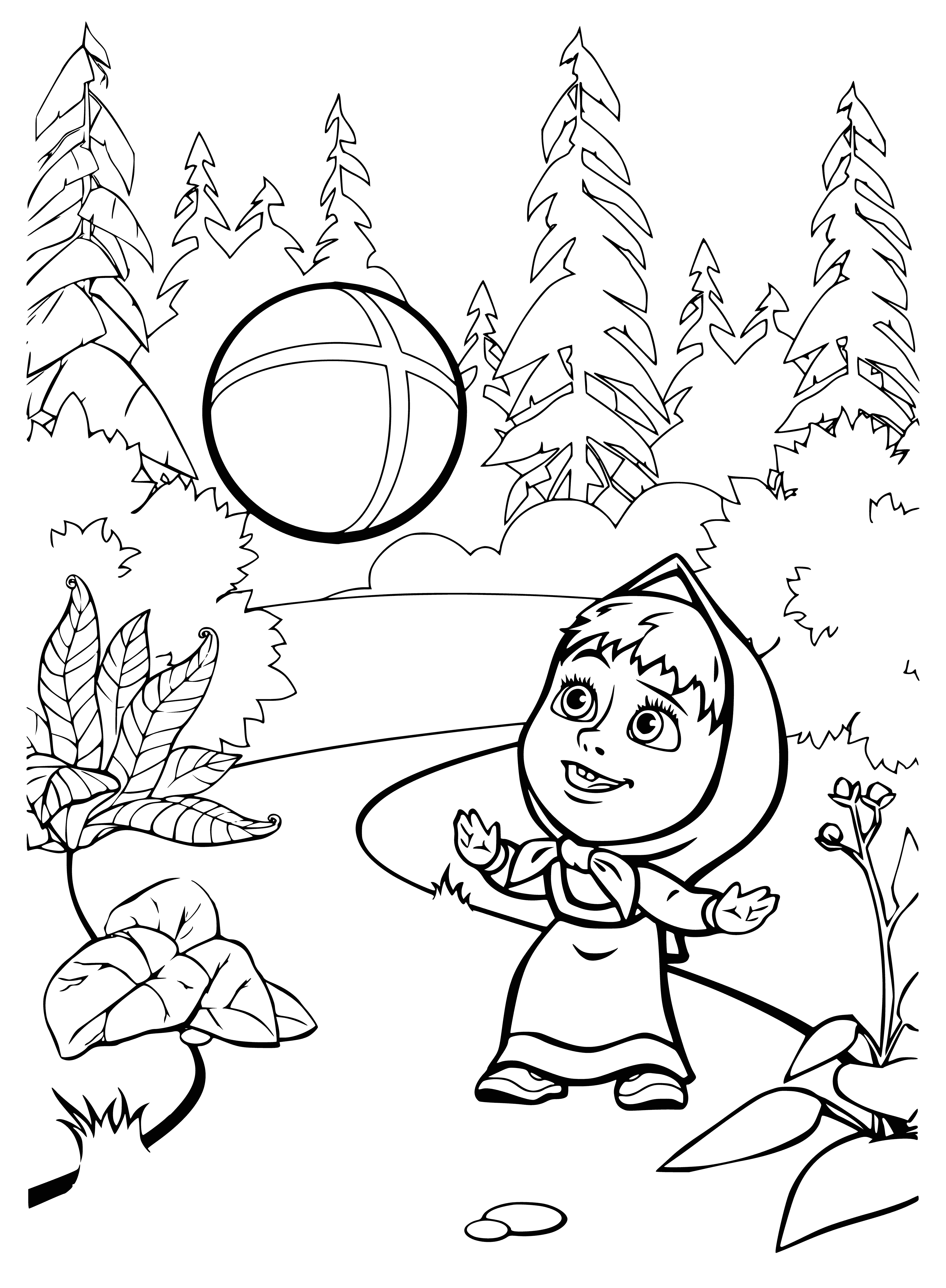 coloring page: Masha, smiling & playful, holds a big ball. She has short, light brown hair & big brown eyes. #coloring #kids #adventures
