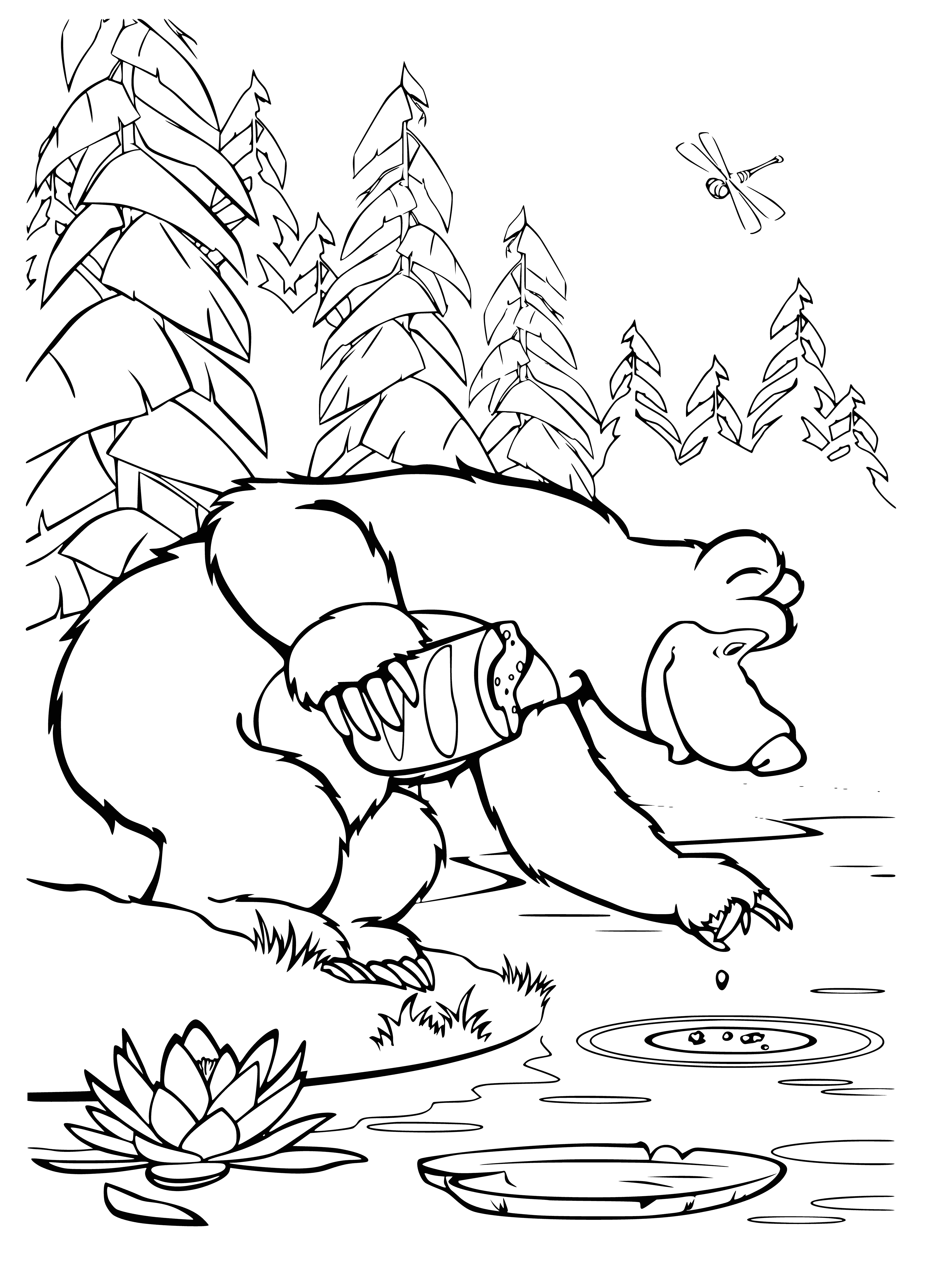 coloring page: Masha stands near a pond with a fish in hand and a fishing net, happy to be enjoying a day outdoors.