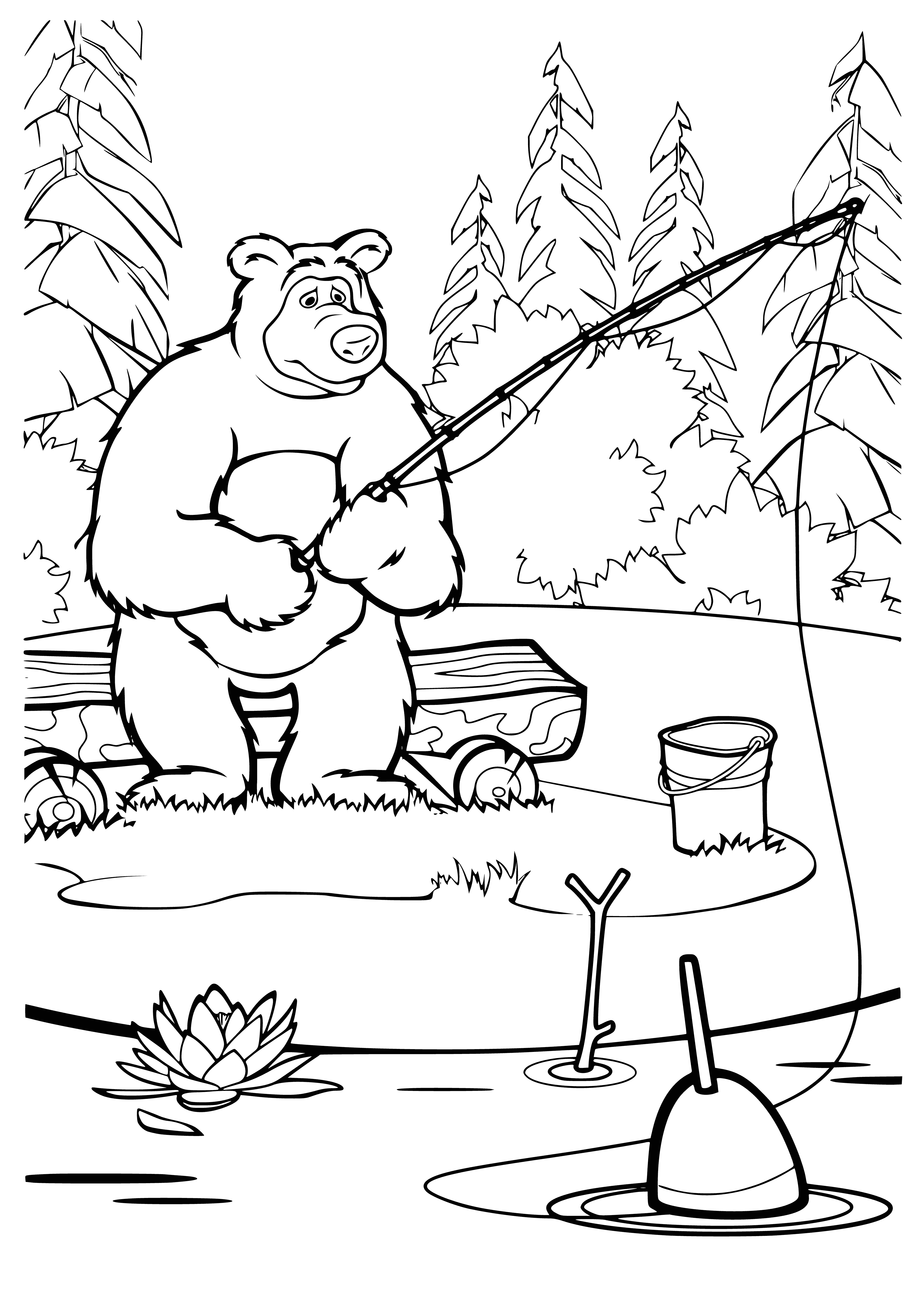coloring page: Masha & Bear fishing near a river: Bear with rod & Masha with teddy-bear-net catching fish.