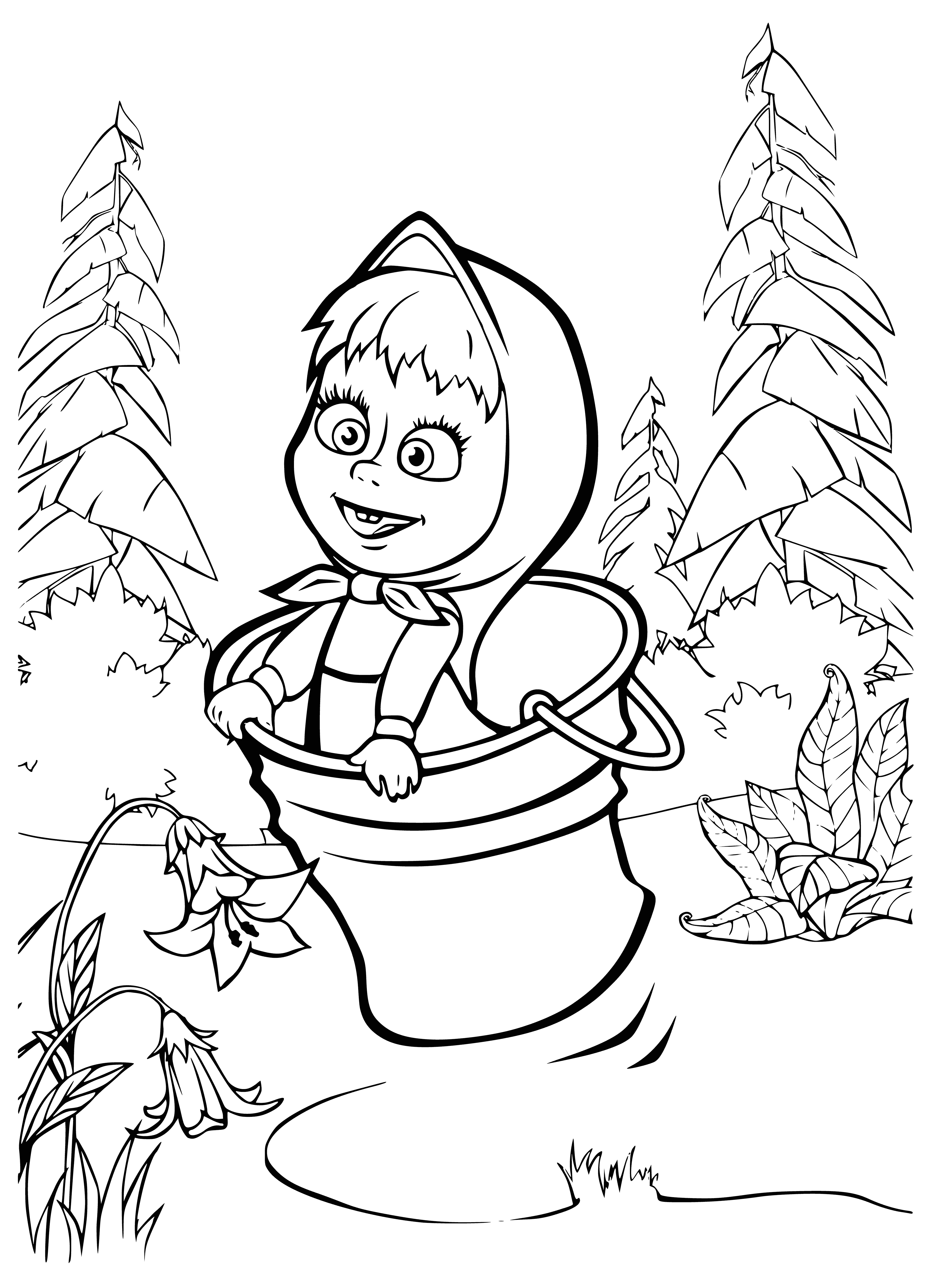 coloring page: Masha jumps in a bucket wearing a purple dress and a yellow scarf. #coloringpage