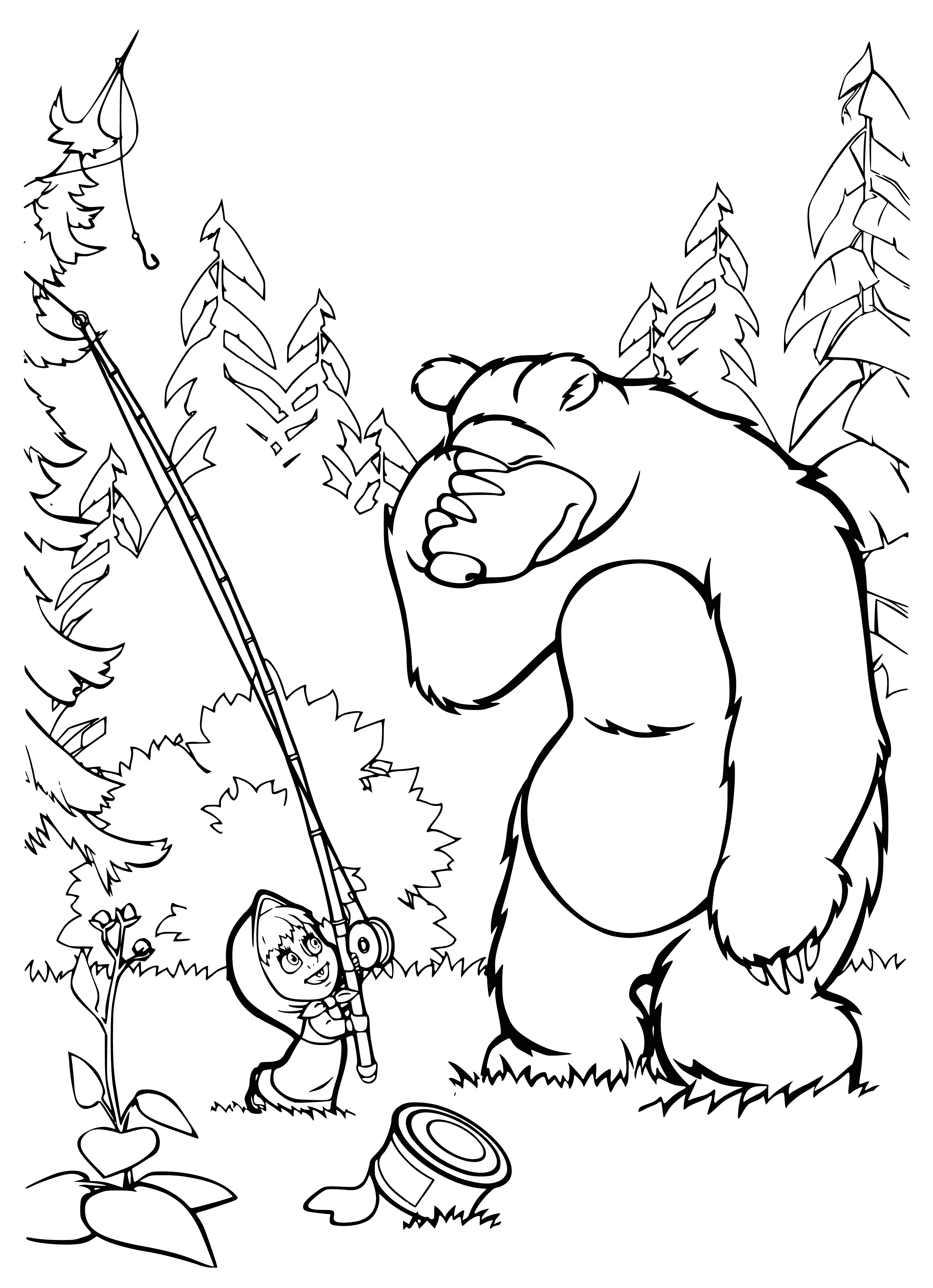coloring page: Masha, a young girl in blue, is hitting a large bear in a meadow with a stick. The bear stands with outstretched arms.