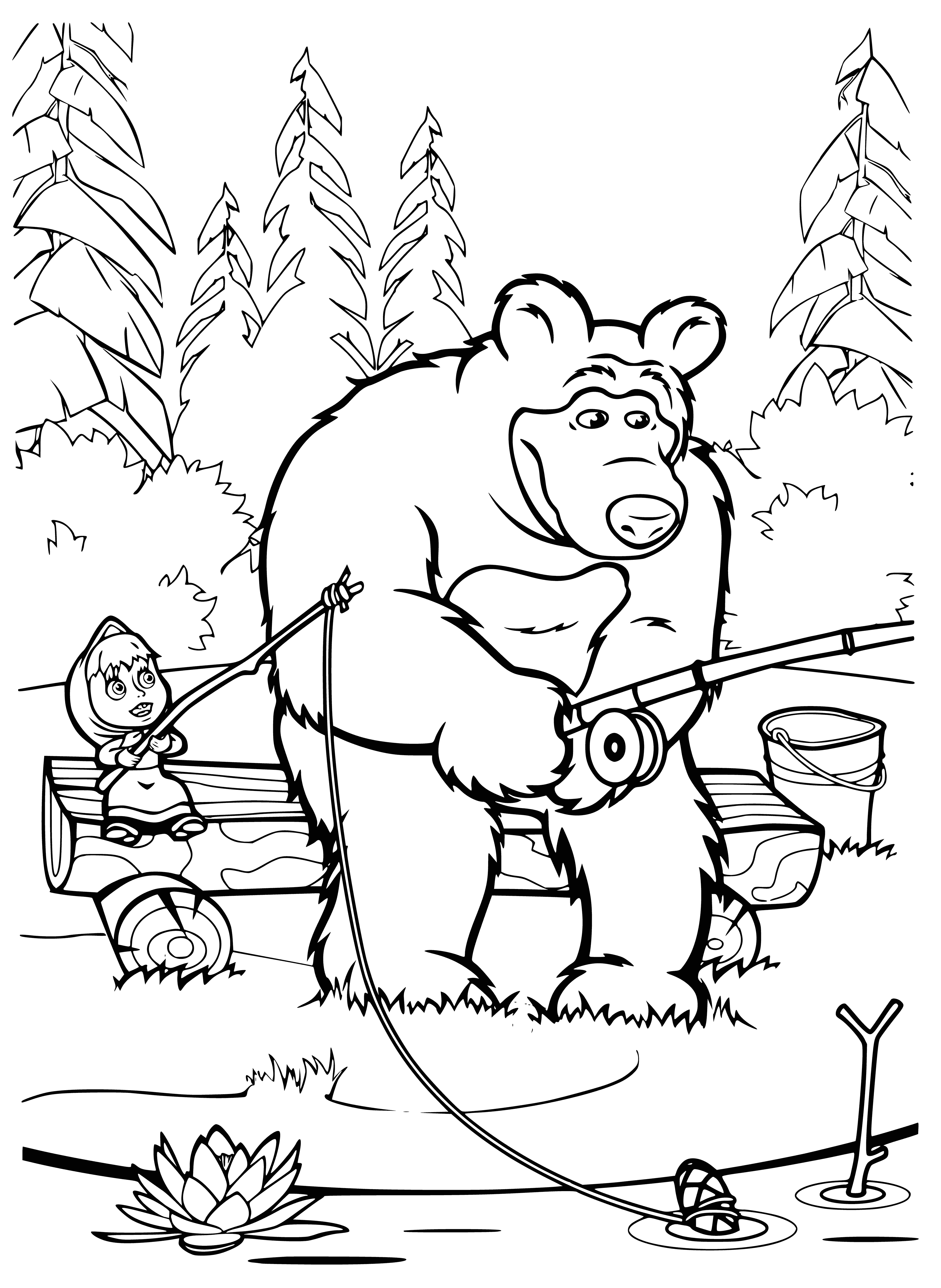 coloring page: Masha plays with her stick and string-attached object near a tree & pond; a relaxingly entertaining afternoon.