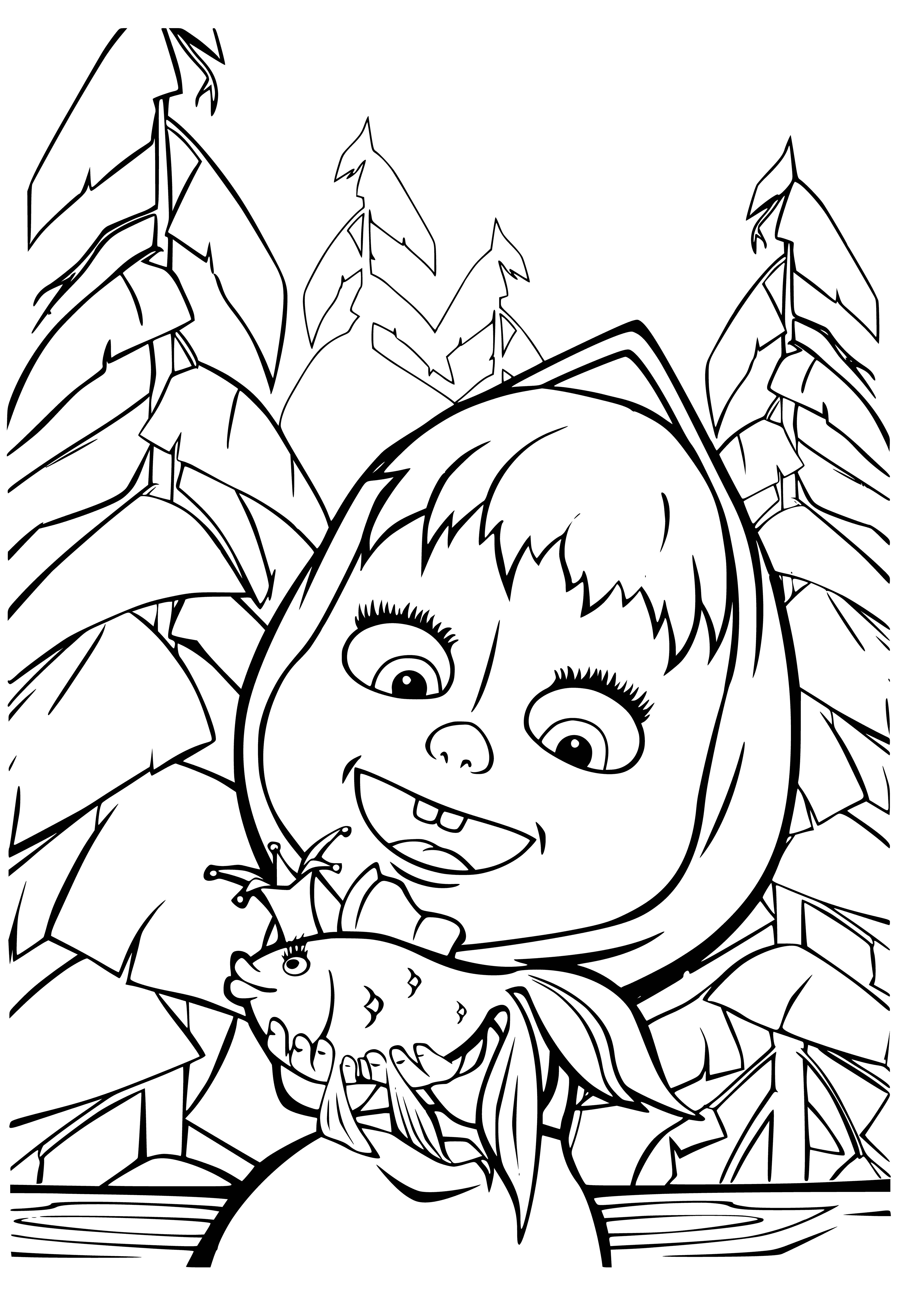coloring page: Masha catches a goldfish in a net and looks excitedly at it, delighting in her catch.