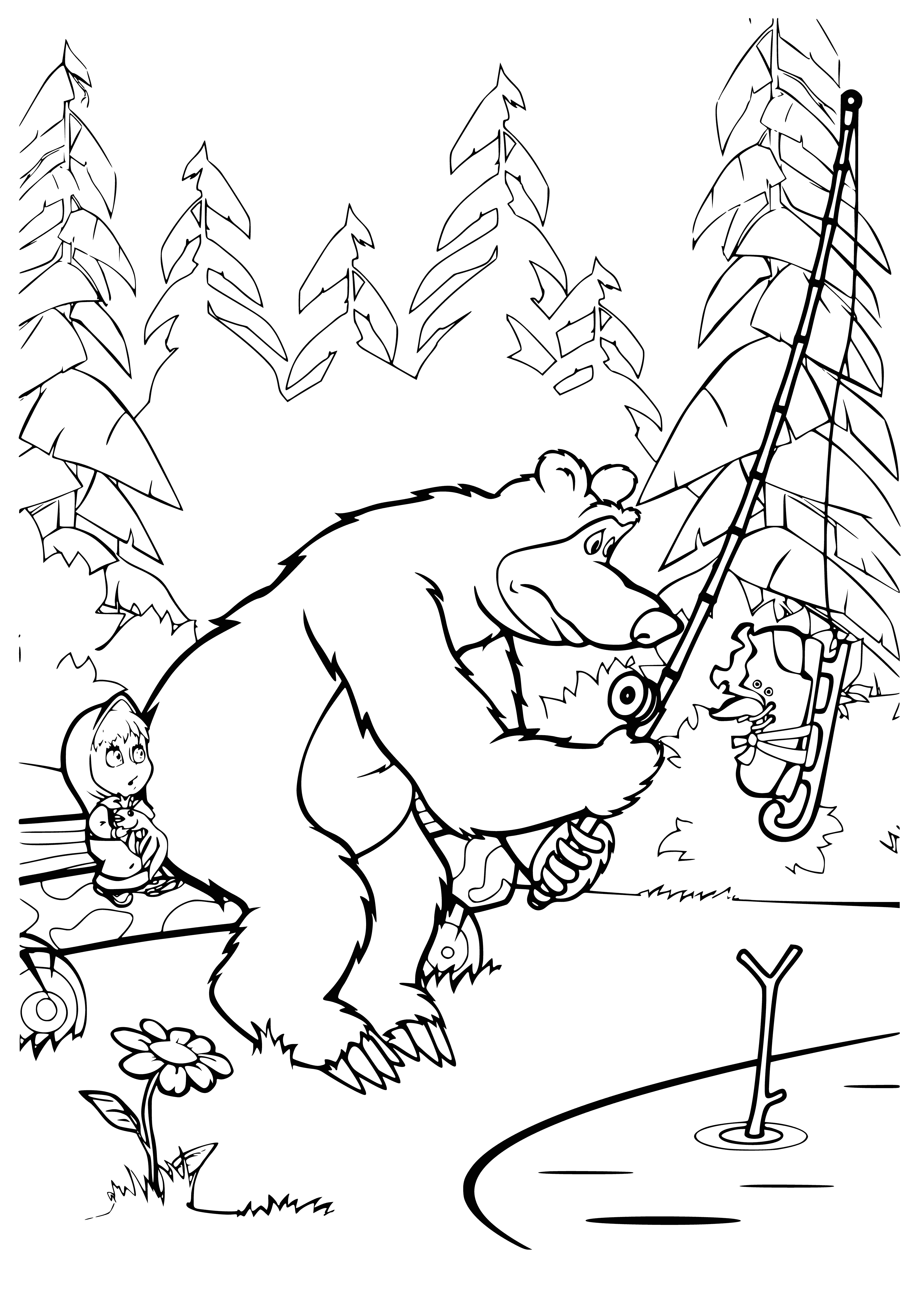 coloring page: Bear catches fish, and Mary looks from the shore.