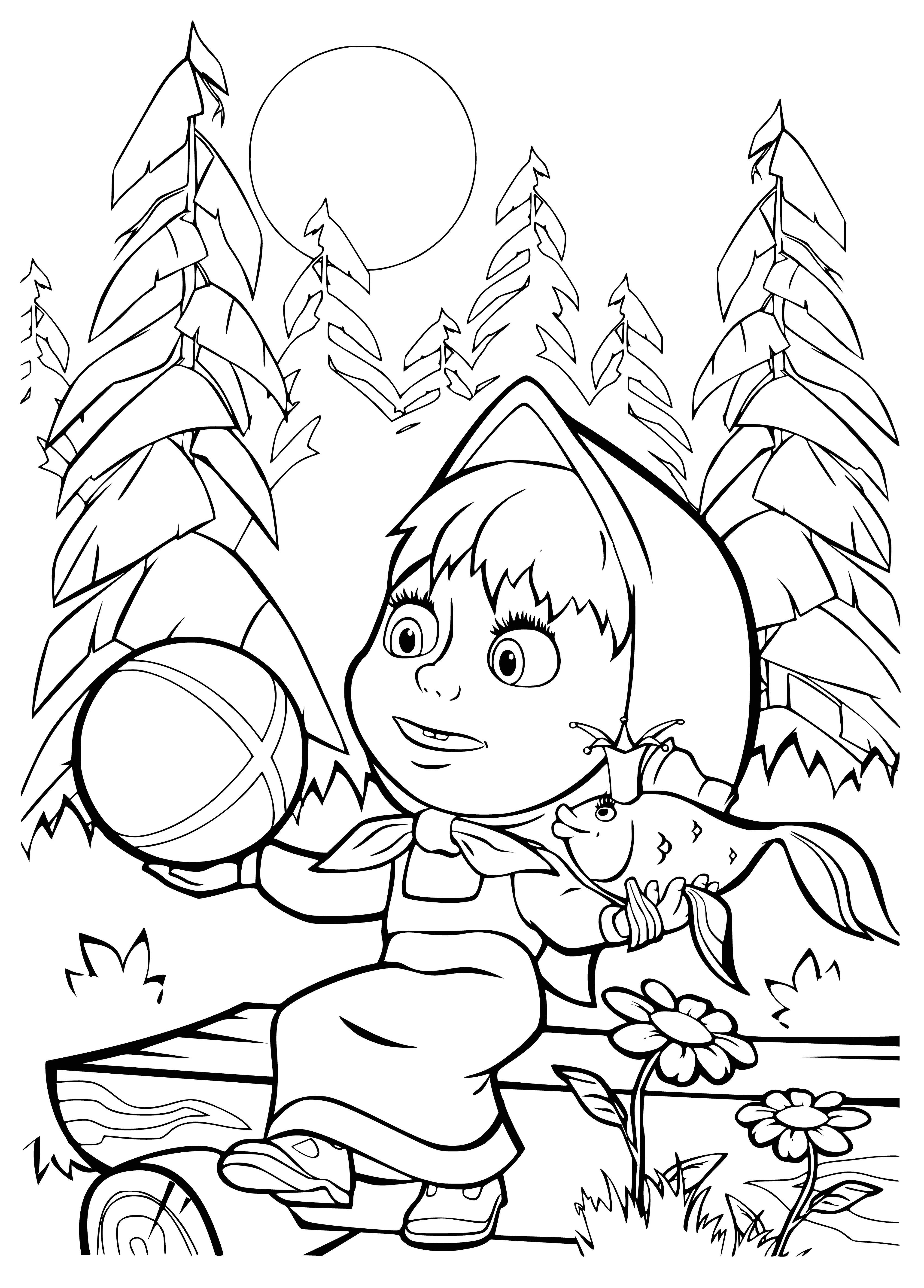 coloring page: Masha holds a small ball and looks up to the bear, ready to make a wish.