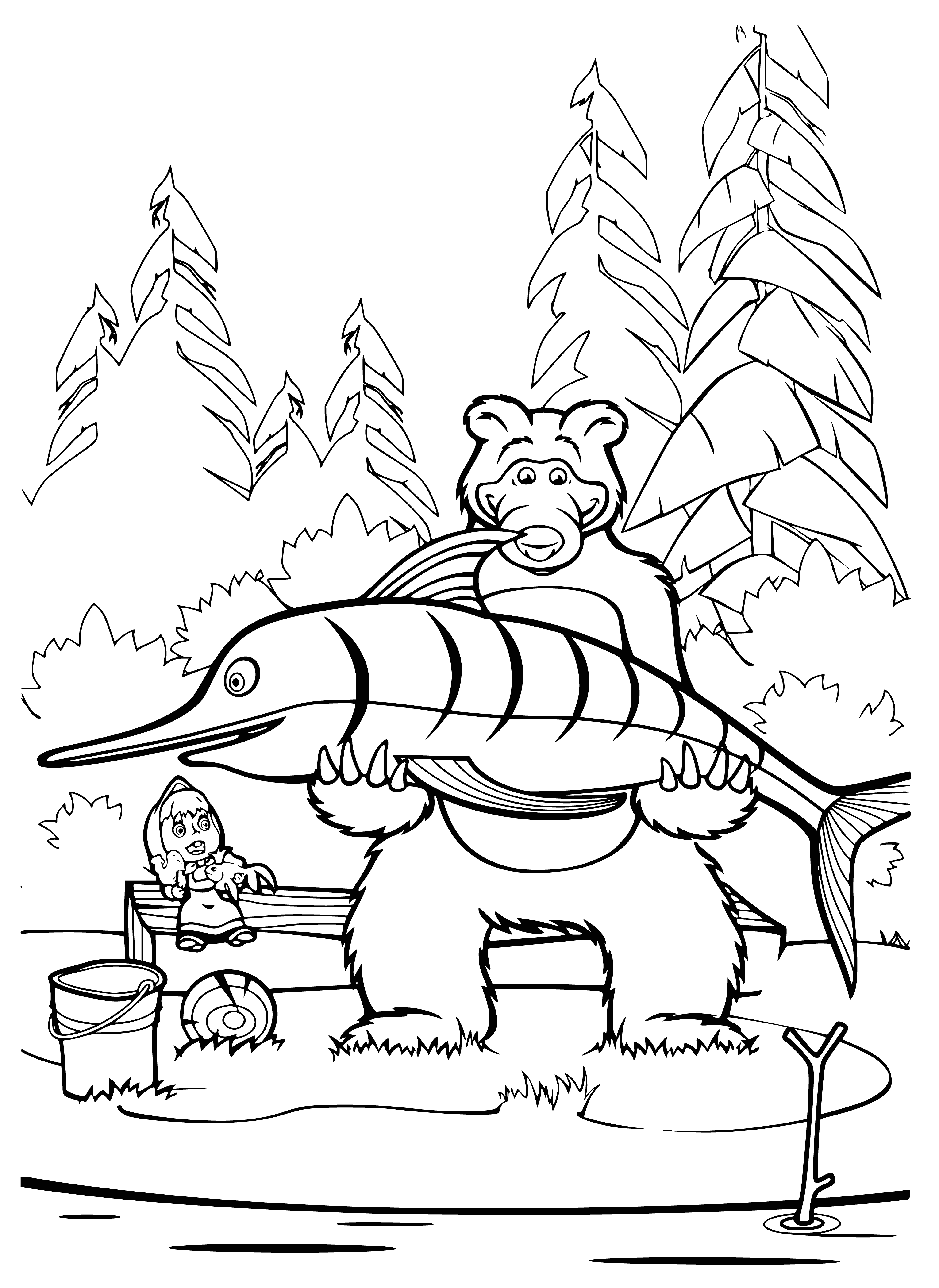 coloring page: Masha and the Bear go on an adventure fishing, Masha catches a fish and they both look happy and excited.