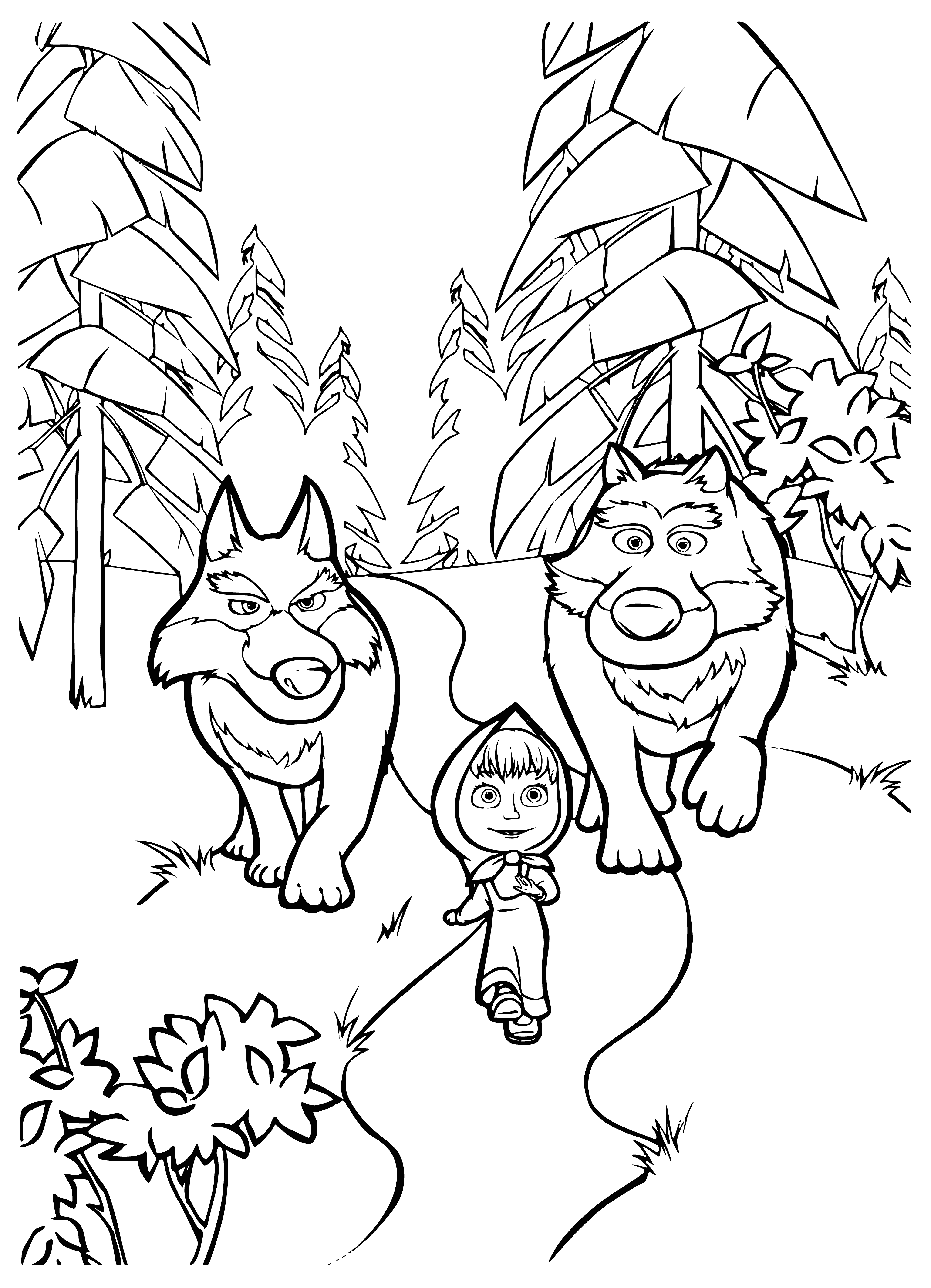 coloring page: Masha runs from a group of ravenous wolves.