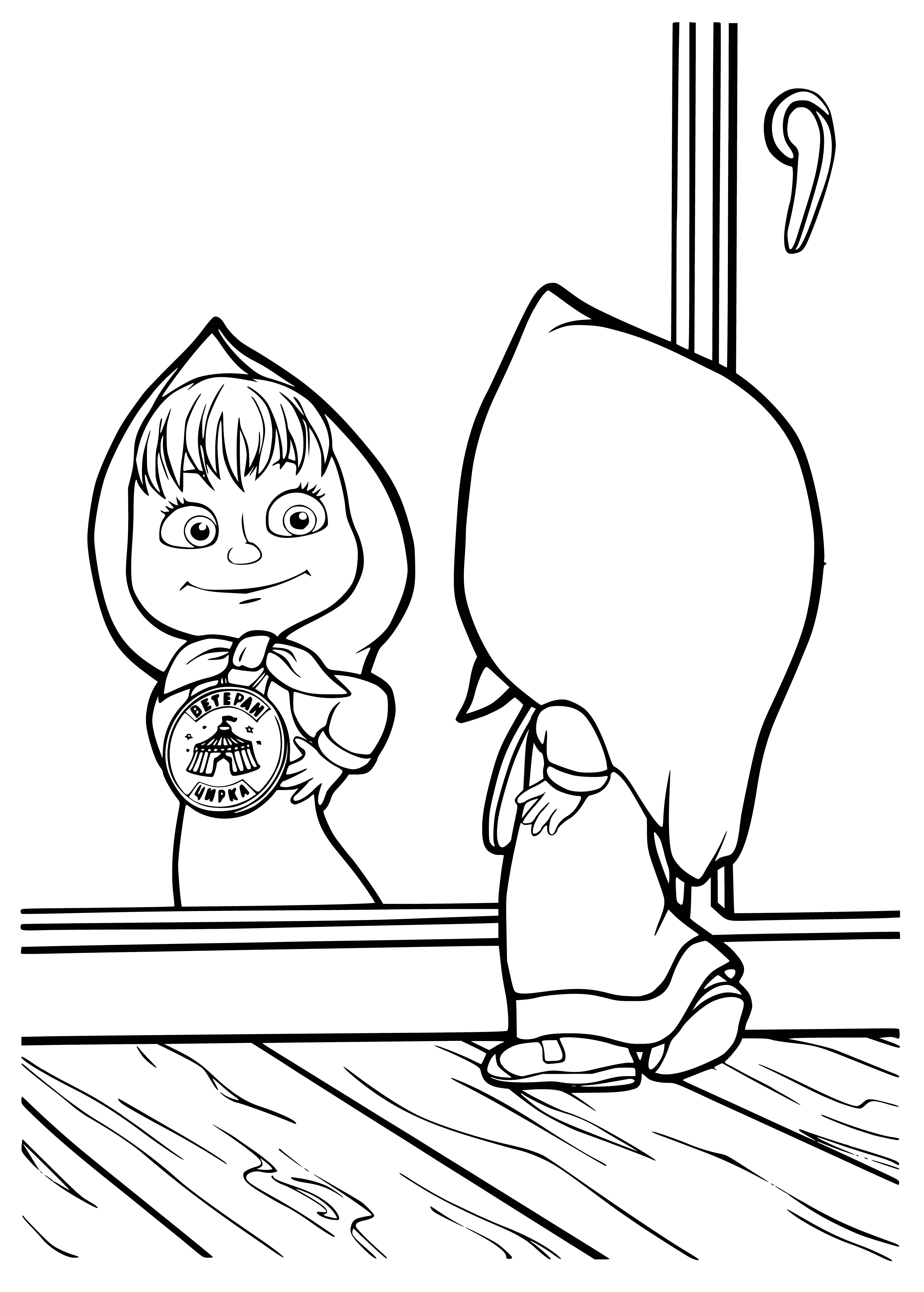 coloring page: Masha stands triumphant, waving at the crowd with a medal around her neck; the Bear holds her proudly.