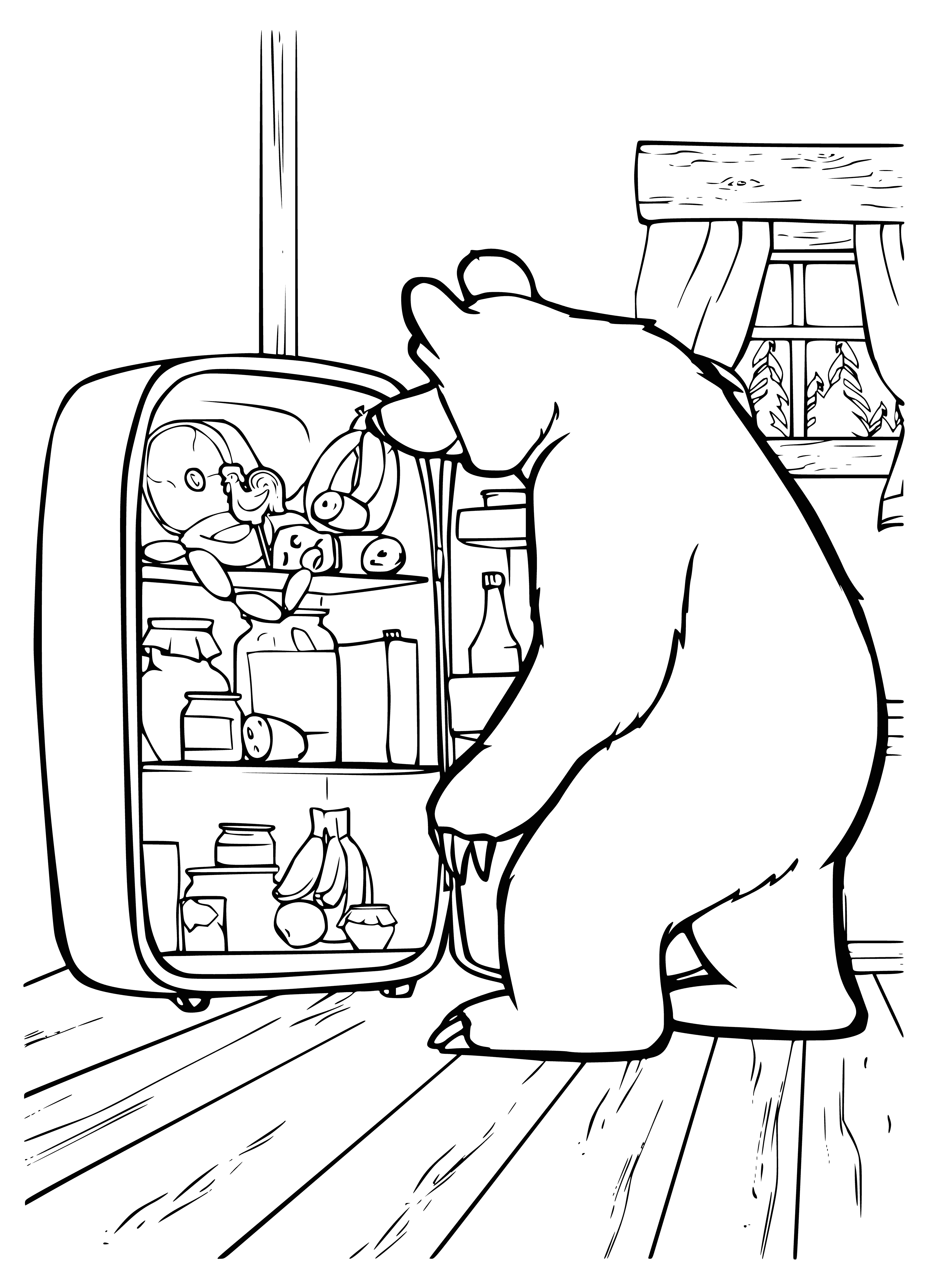 coloring page: Masha and the Bear have a large rectangular fridge with two doors and shelves inside. Has a large handle for easy opening.