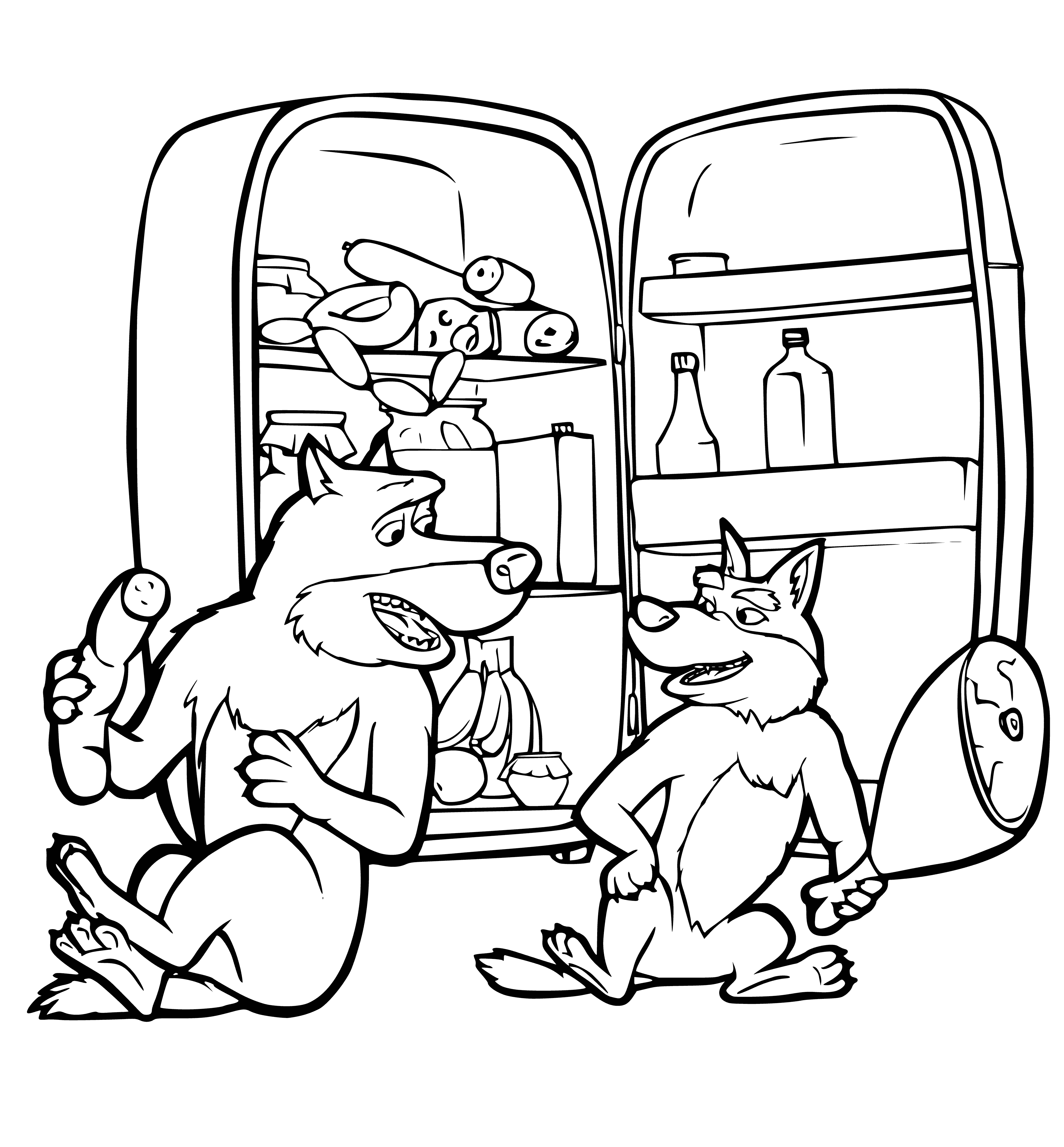 coloring page: Masha and Bear escape wolves by tree-climbing and rope-pulling.