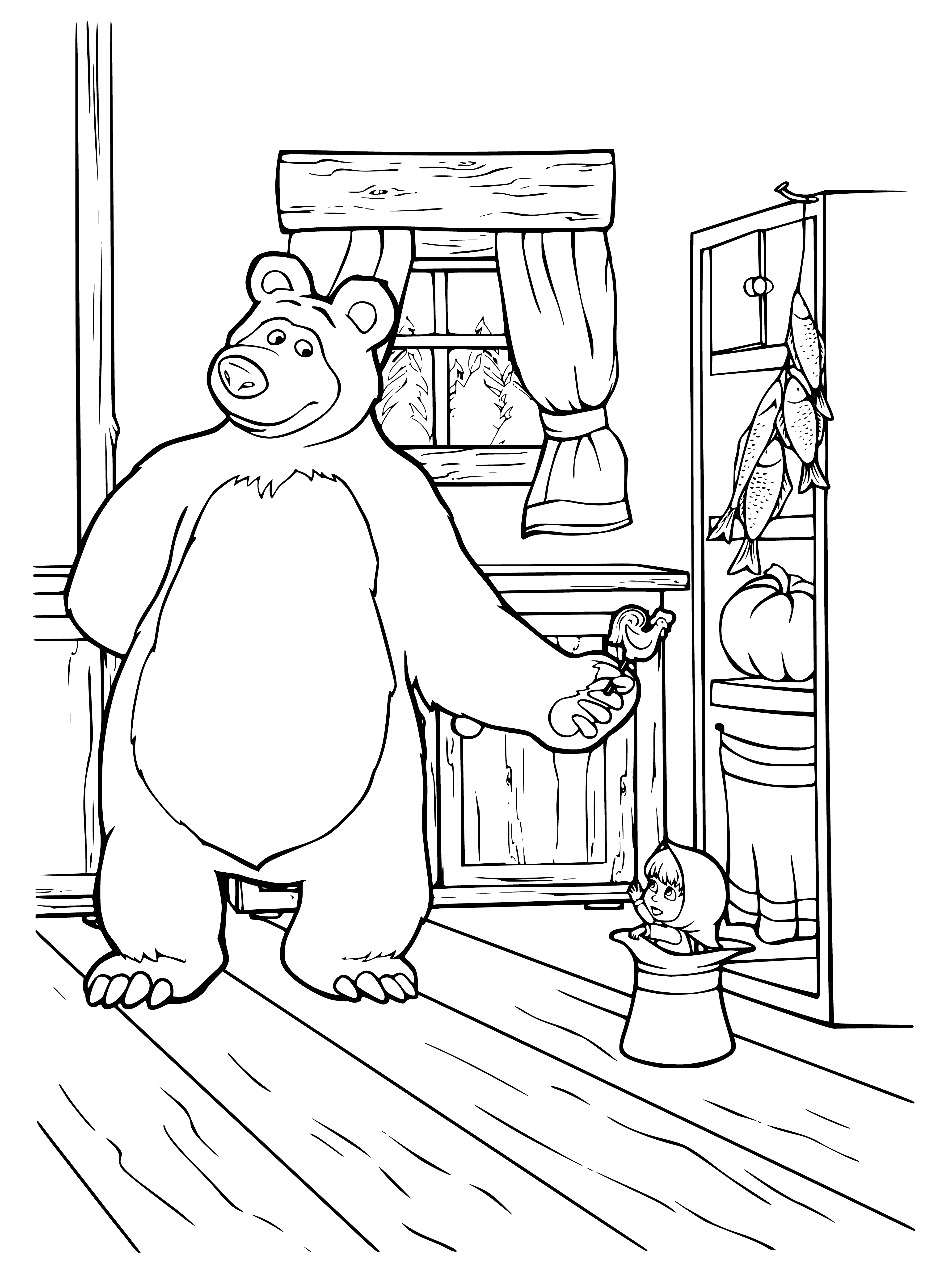 coloring page: Girl in pink dress, blue bow holds big red lollipop facing a blue bear.