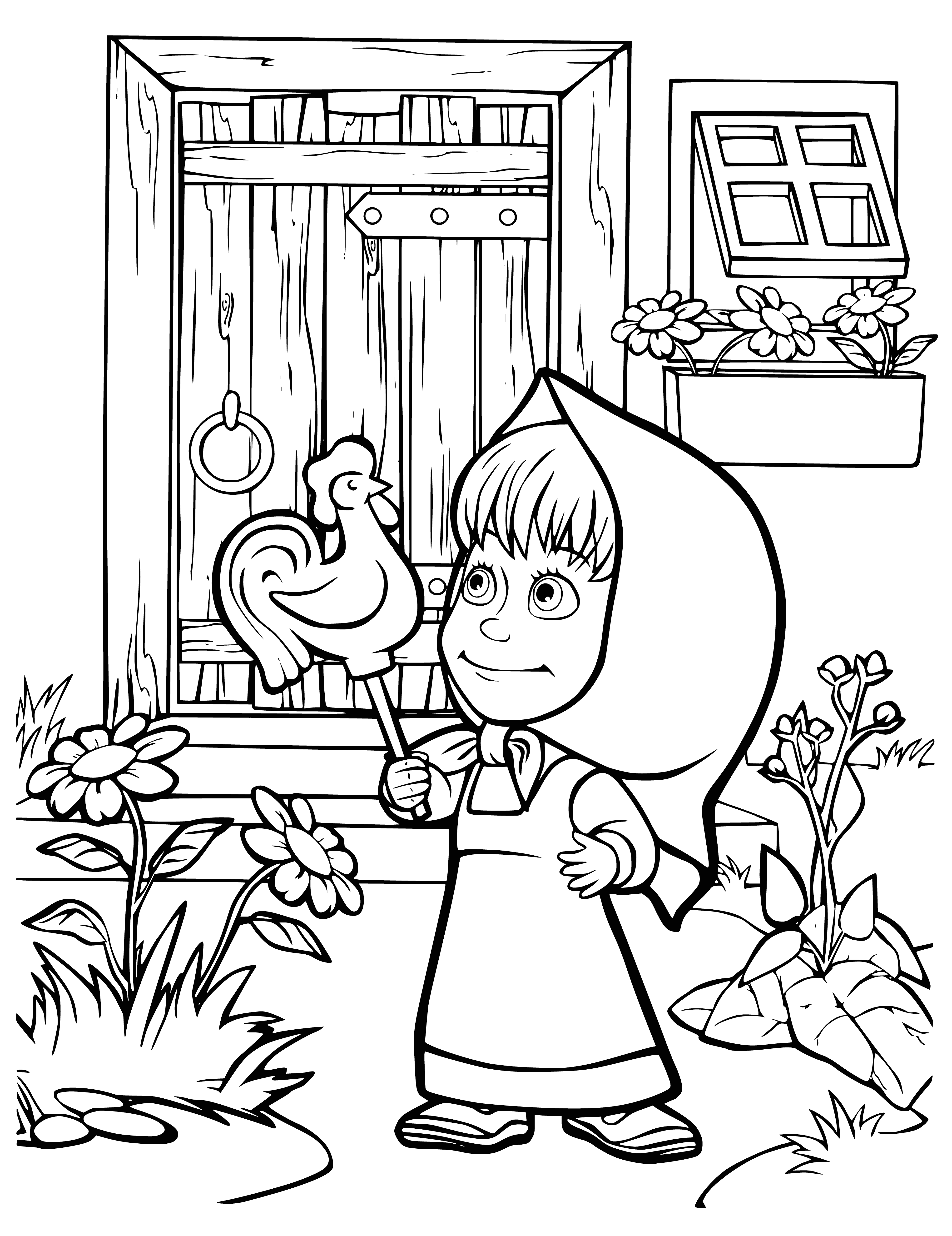 coloring page: Masha has a lollipop on a tree branch and smiles at the camera, while Bear stands sadly aside.