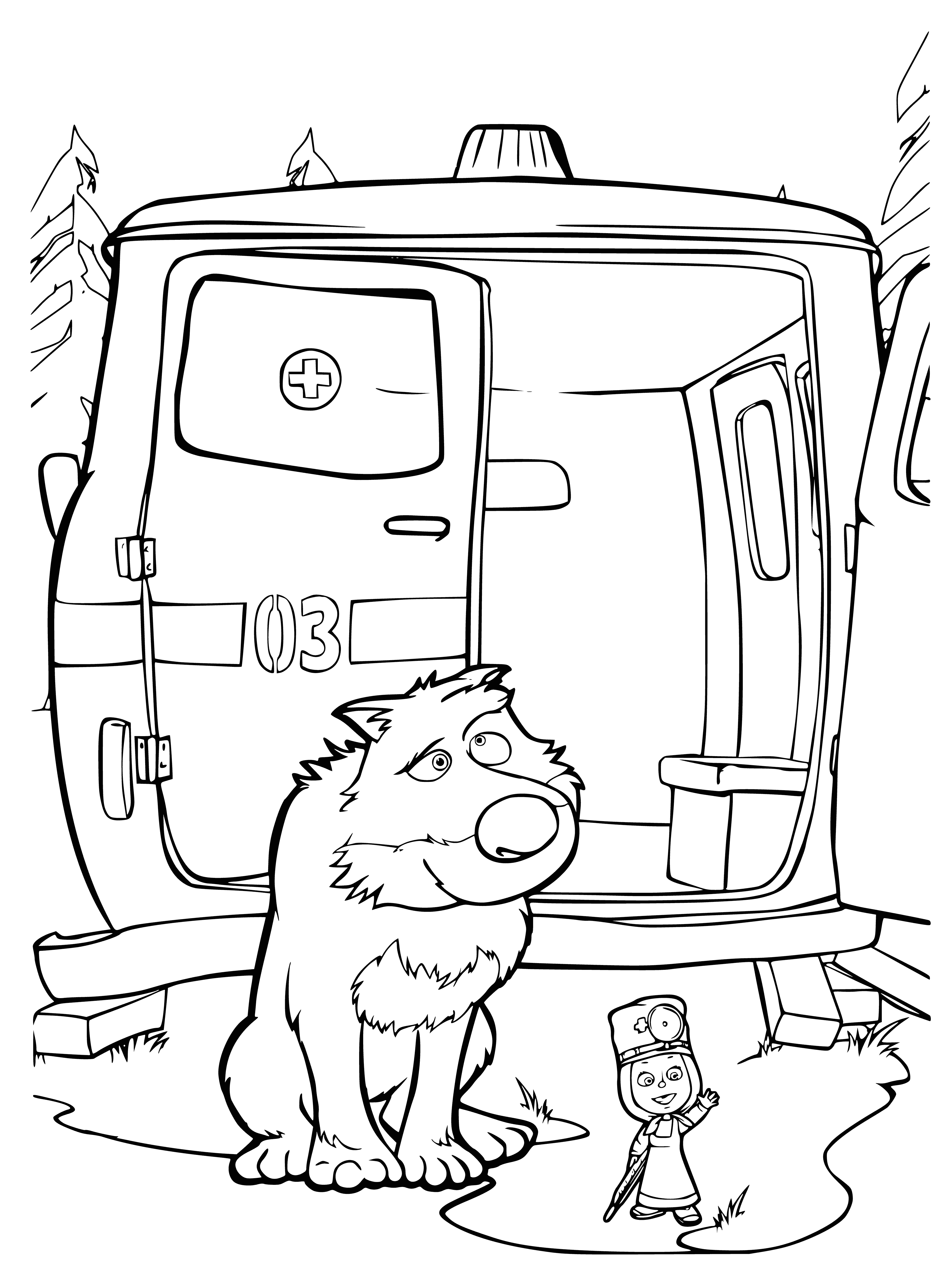 coloring page: Bear with bandage is comforted by smaller female holding tray of medical items. Large bed, door in room.