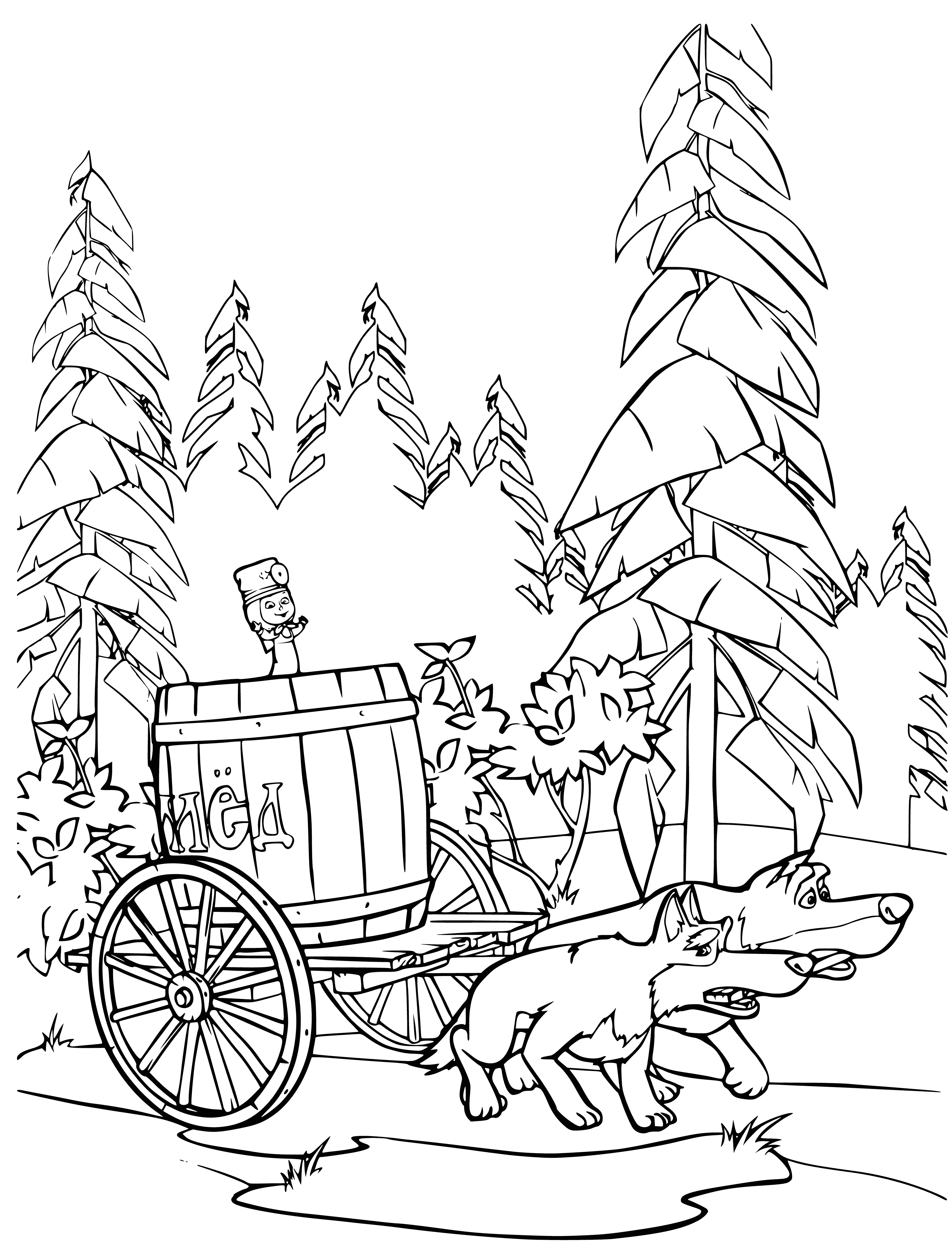 coloring page: Masha crawls with honey, ready to give a spoonful to a bear—smiling joyfully!