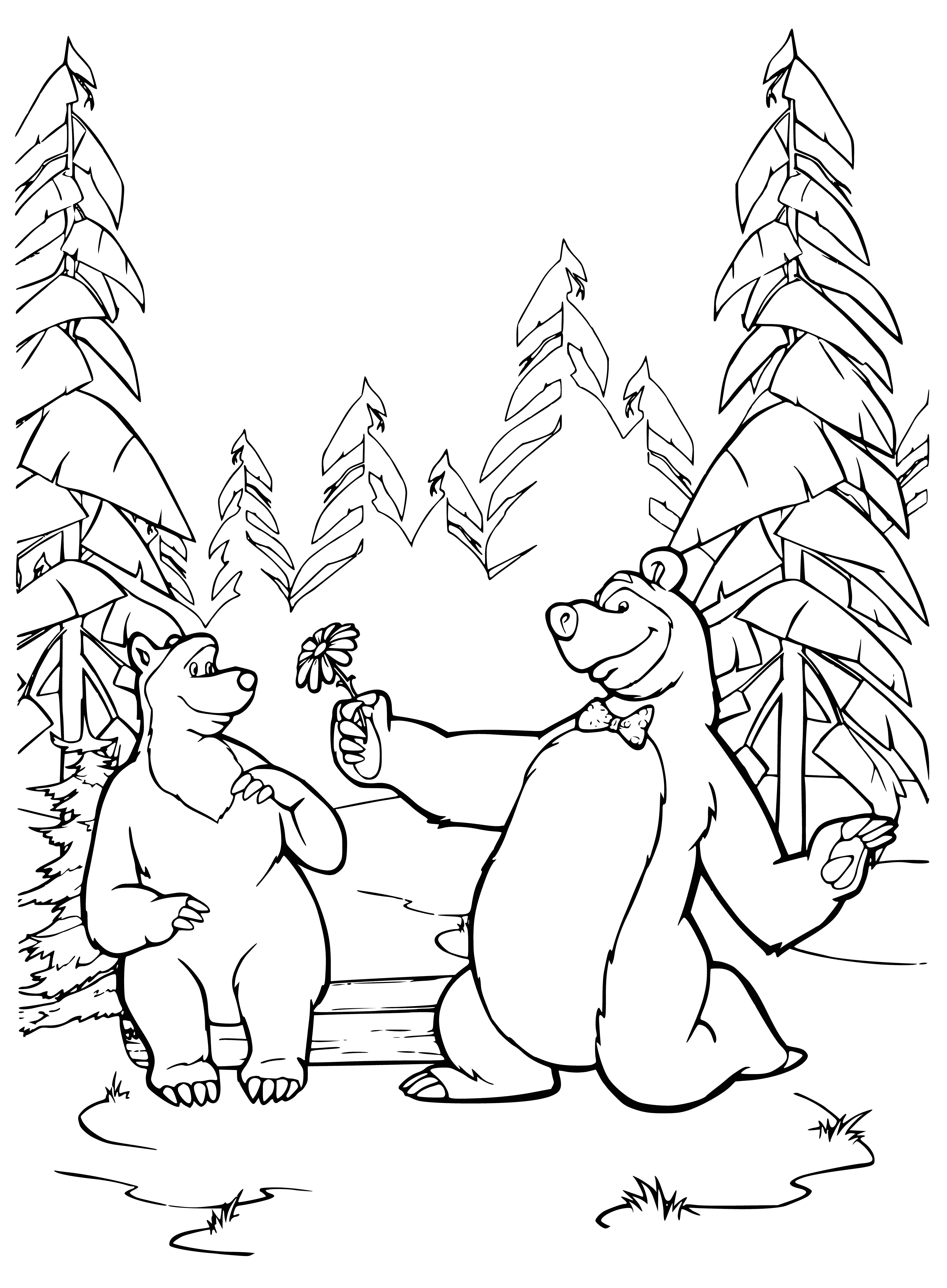 coloring page: Cute teddy bear holds flower: looks happy & content.