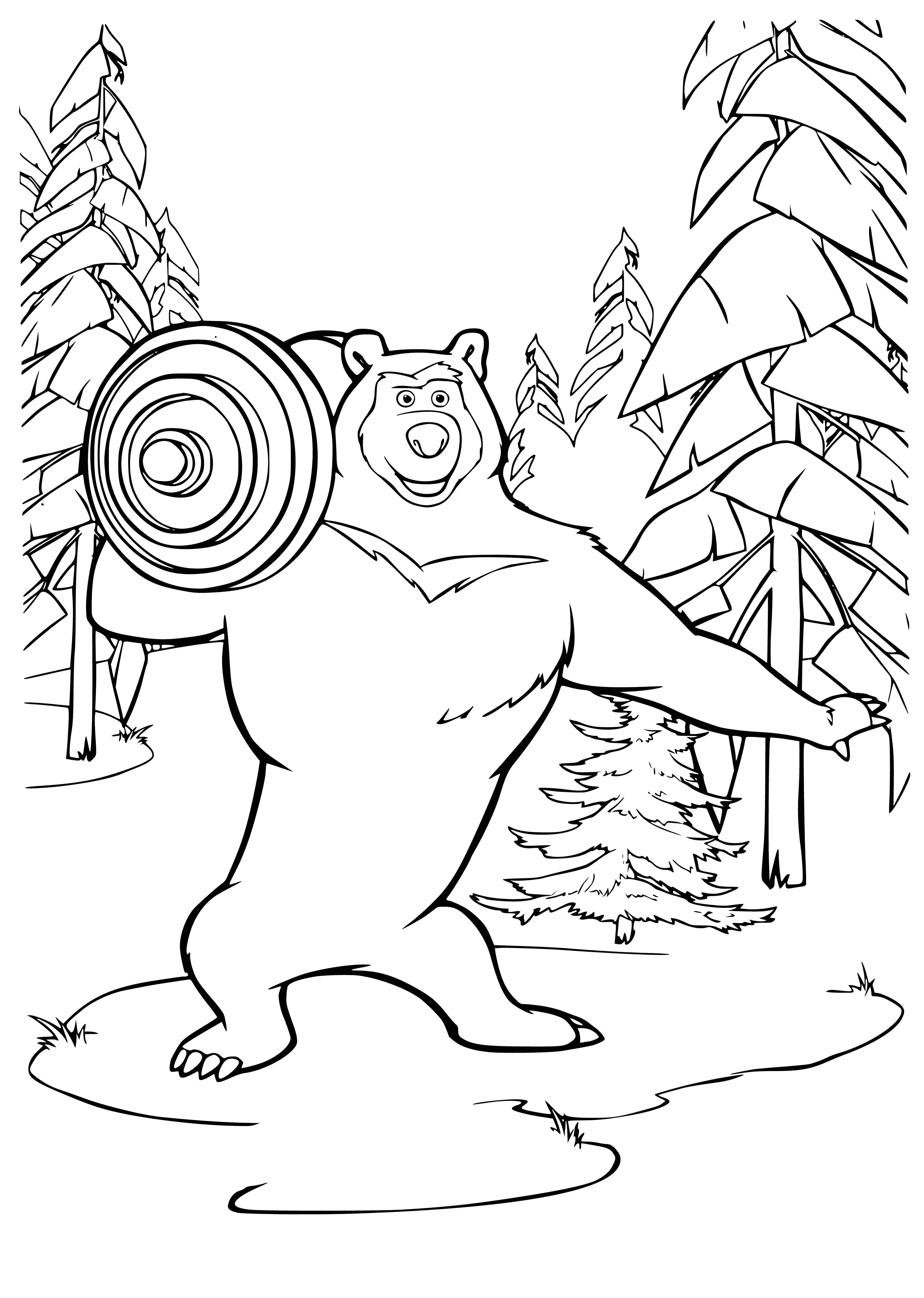 coloring page: The tall bear is looming over Masha, its brown fur coat contrasting her fear-filled expression.