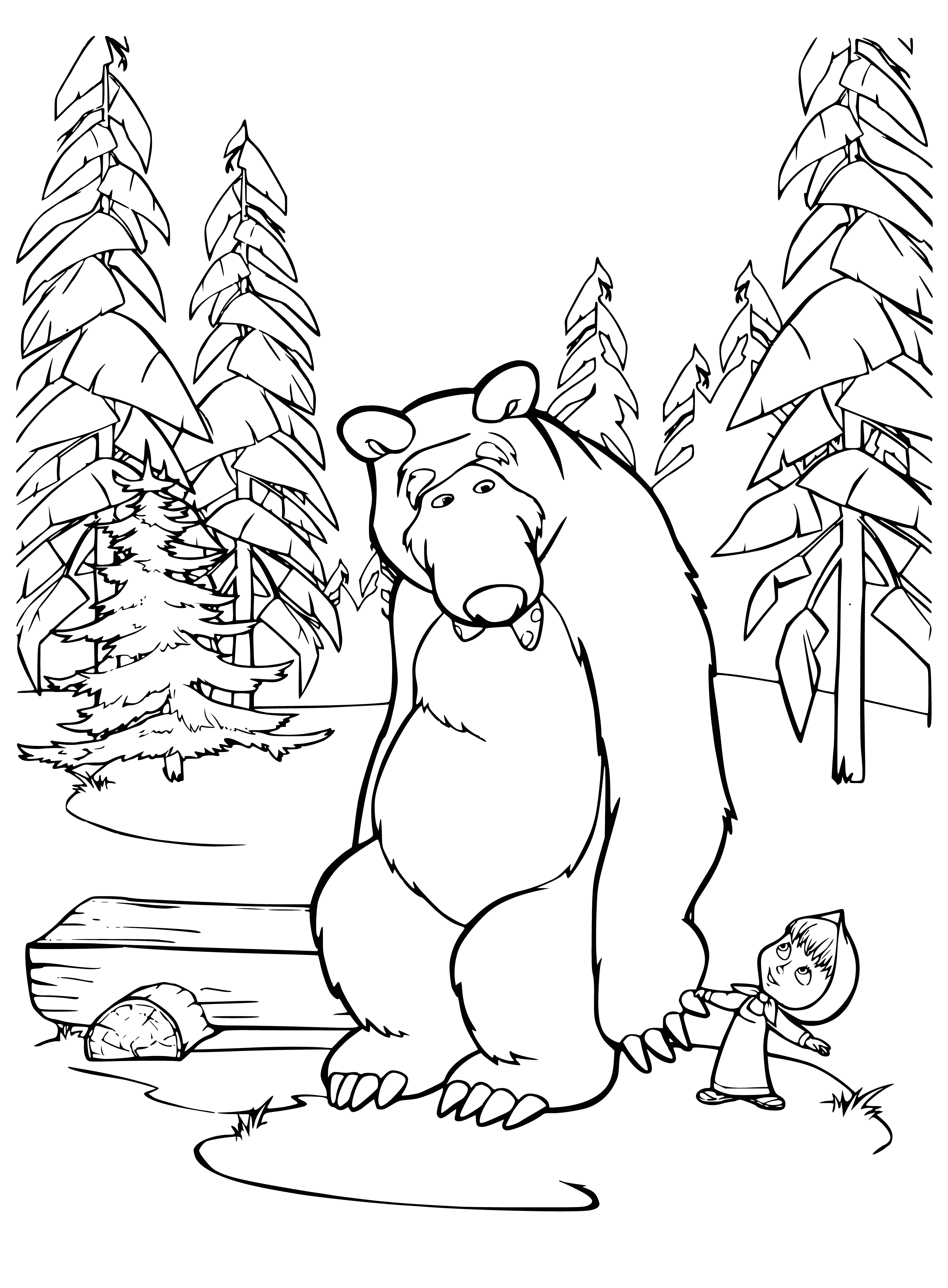 coloring page: Masha proudly displays her big catch and the Bear is impressed.