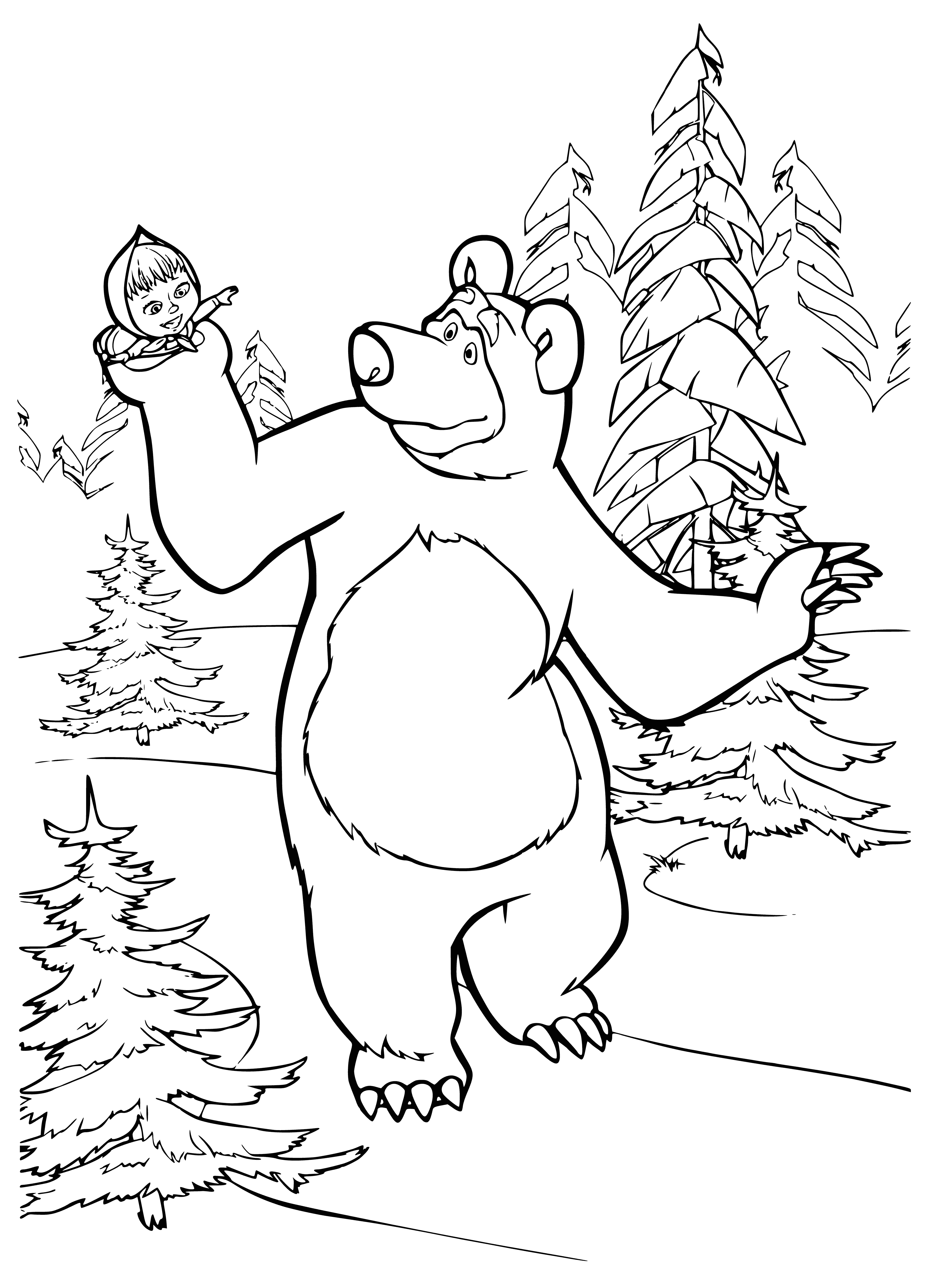 coloring page: Girl with brown hair, yellow dress and red scarf holding a teddy bear with a red scarf around its neck in front of a white house with a red roof, trees/bushes/flowers in the yard.