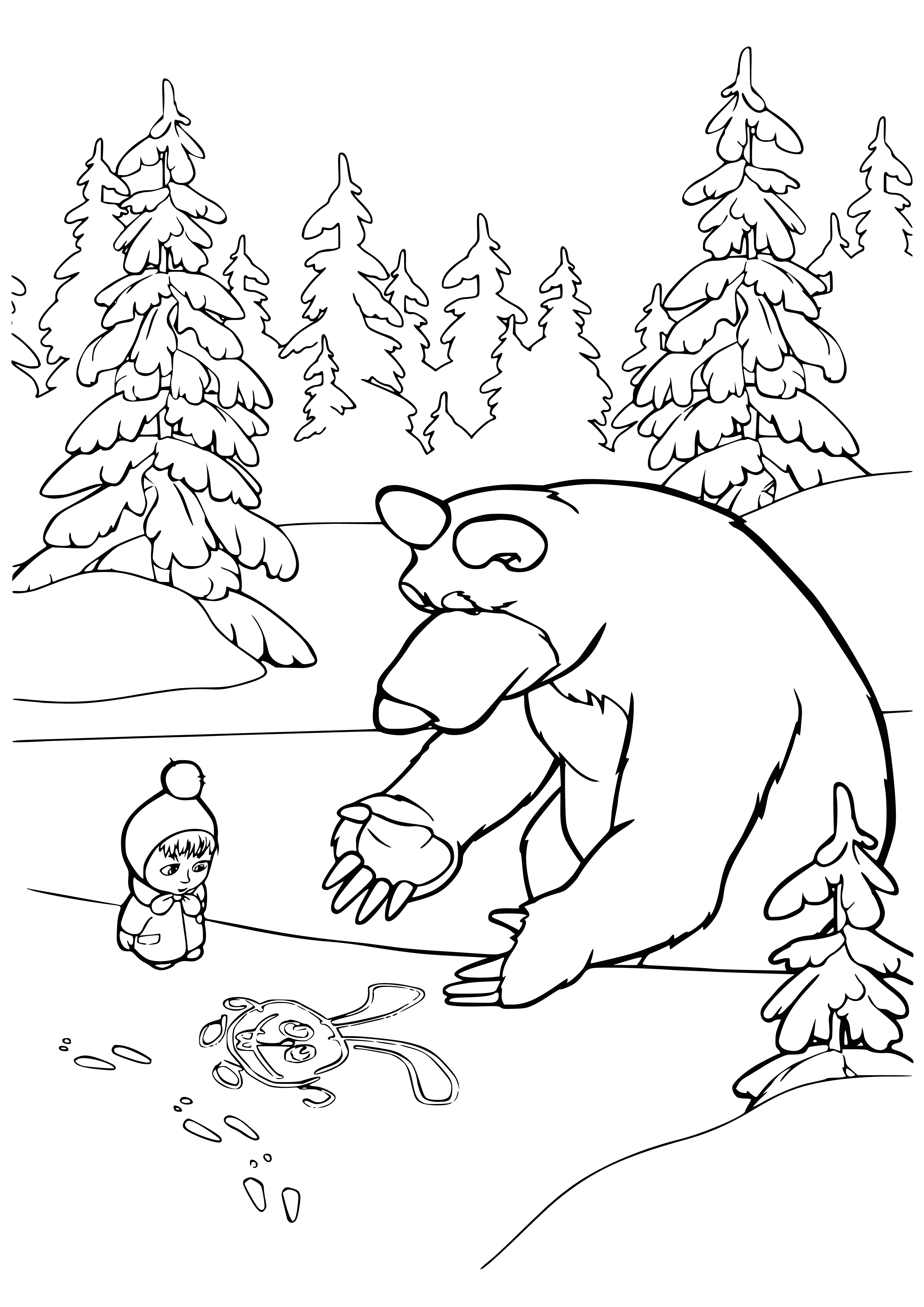 coloring page: Masha, a blonde girl in a red dress and scarf, stands before a brown bear with a carrot in its paws. In her basket is a white bunny.