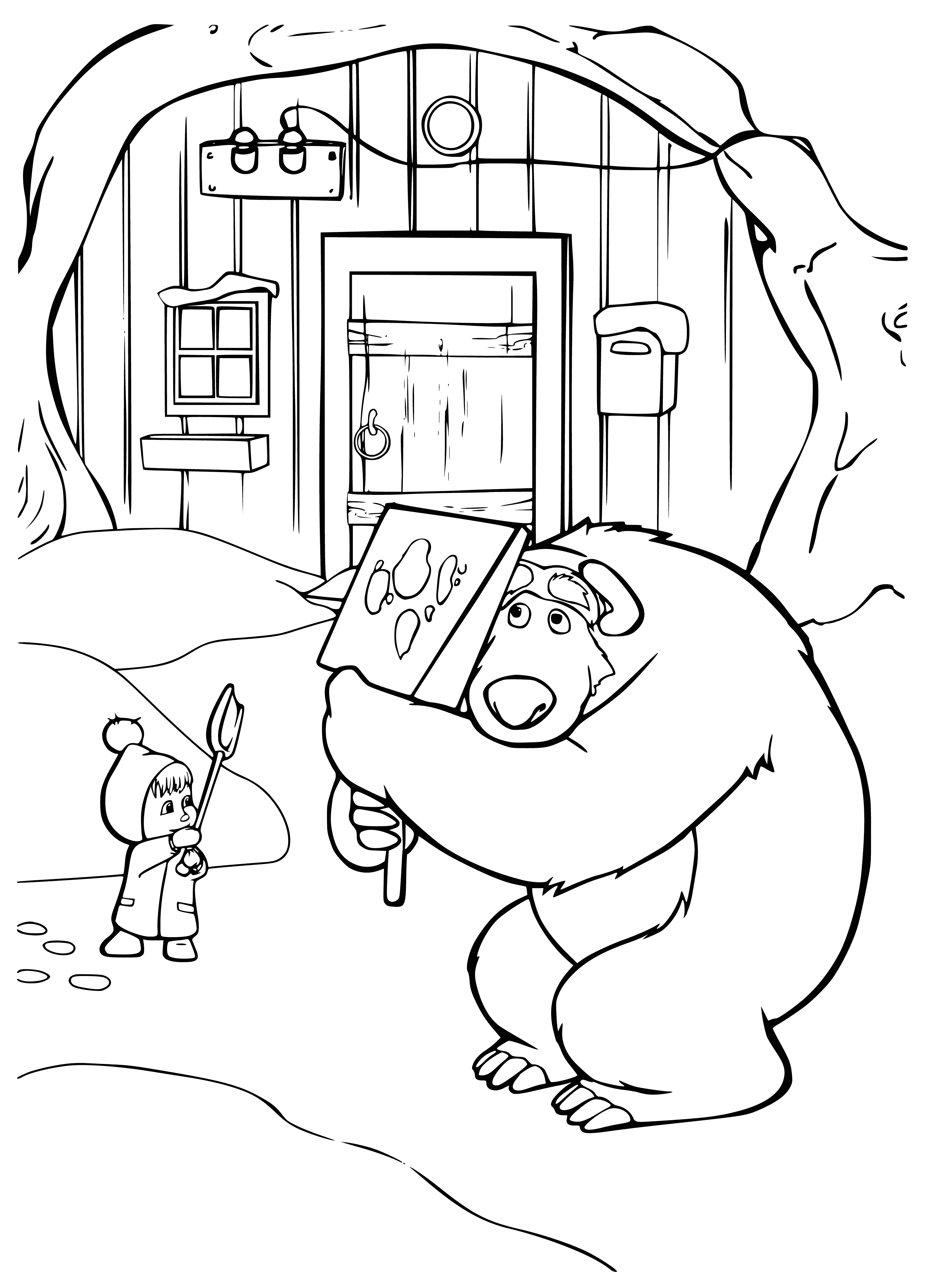 coloring page: Masha stands tall before a large bear atop its hind legs, looking with its large head and long snout.