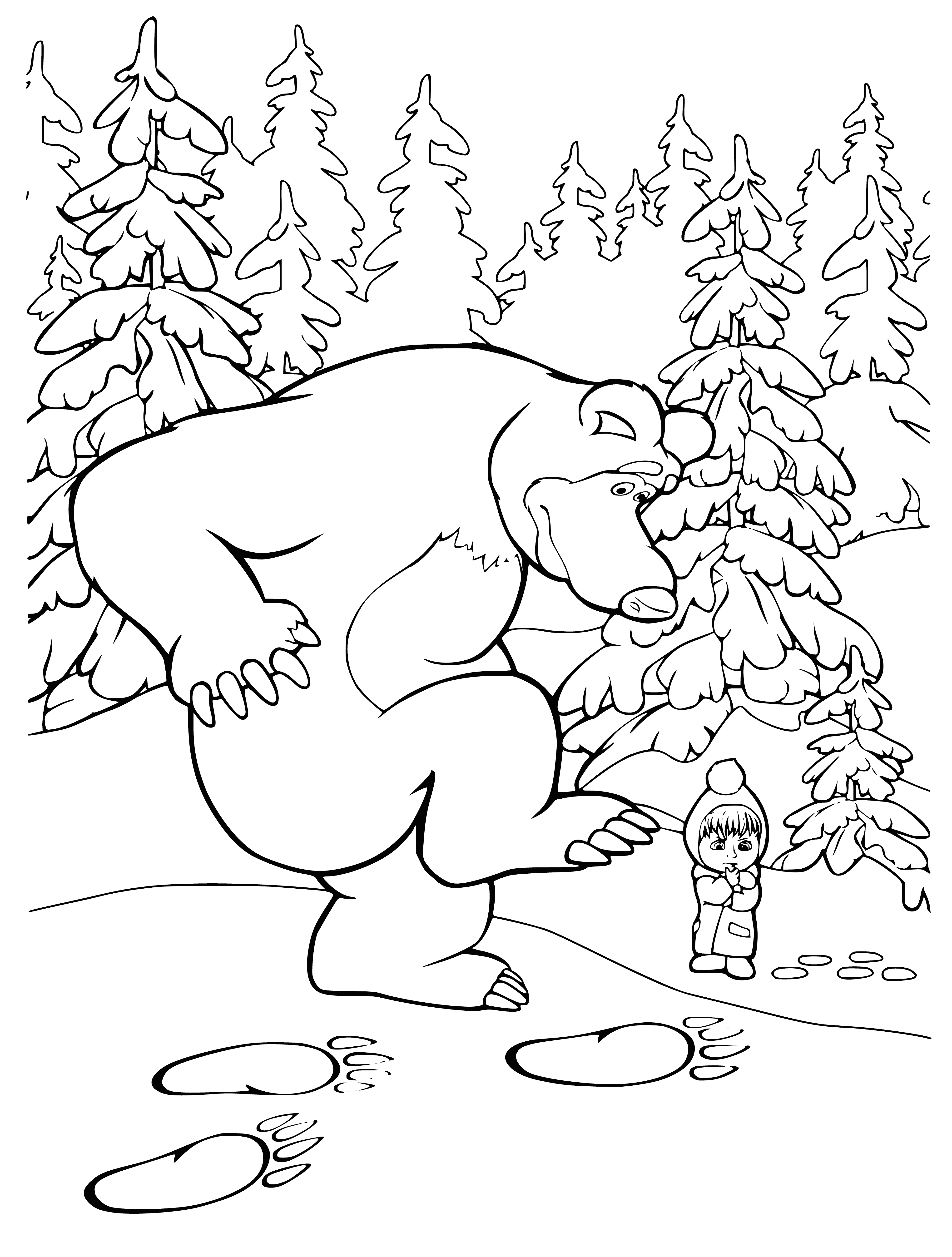 coloring page: Snowy landscape w/ trees, cabin, animal tracks; large & small animals stand in door, one brown, one brown & white, looking curiously.