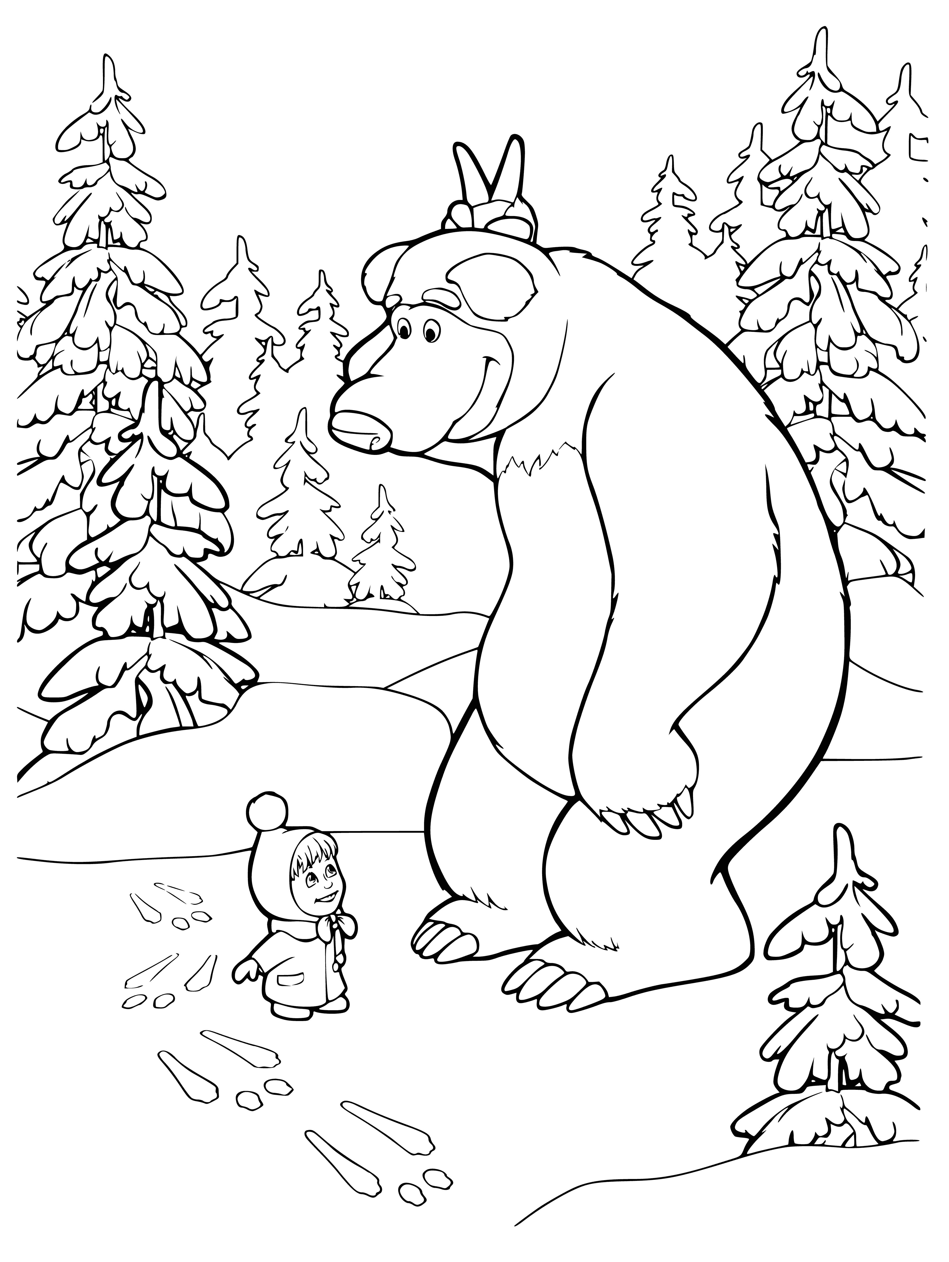coloring page: Masha is holding a stick and facing a menacing wolf; she looks scared.