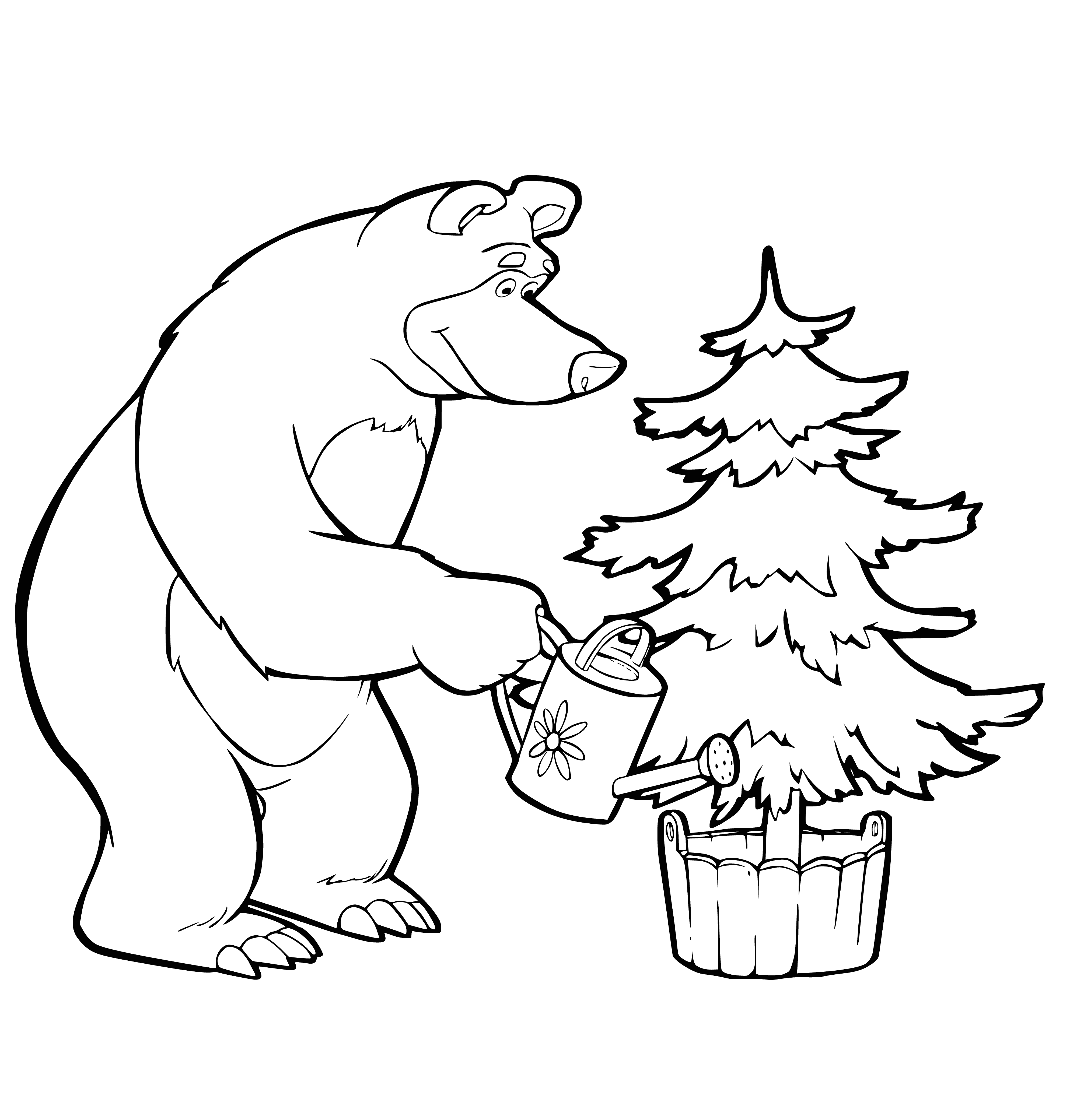 coloring page: Bear spraying water on a tree against a blue sky; tree is green & leafy.