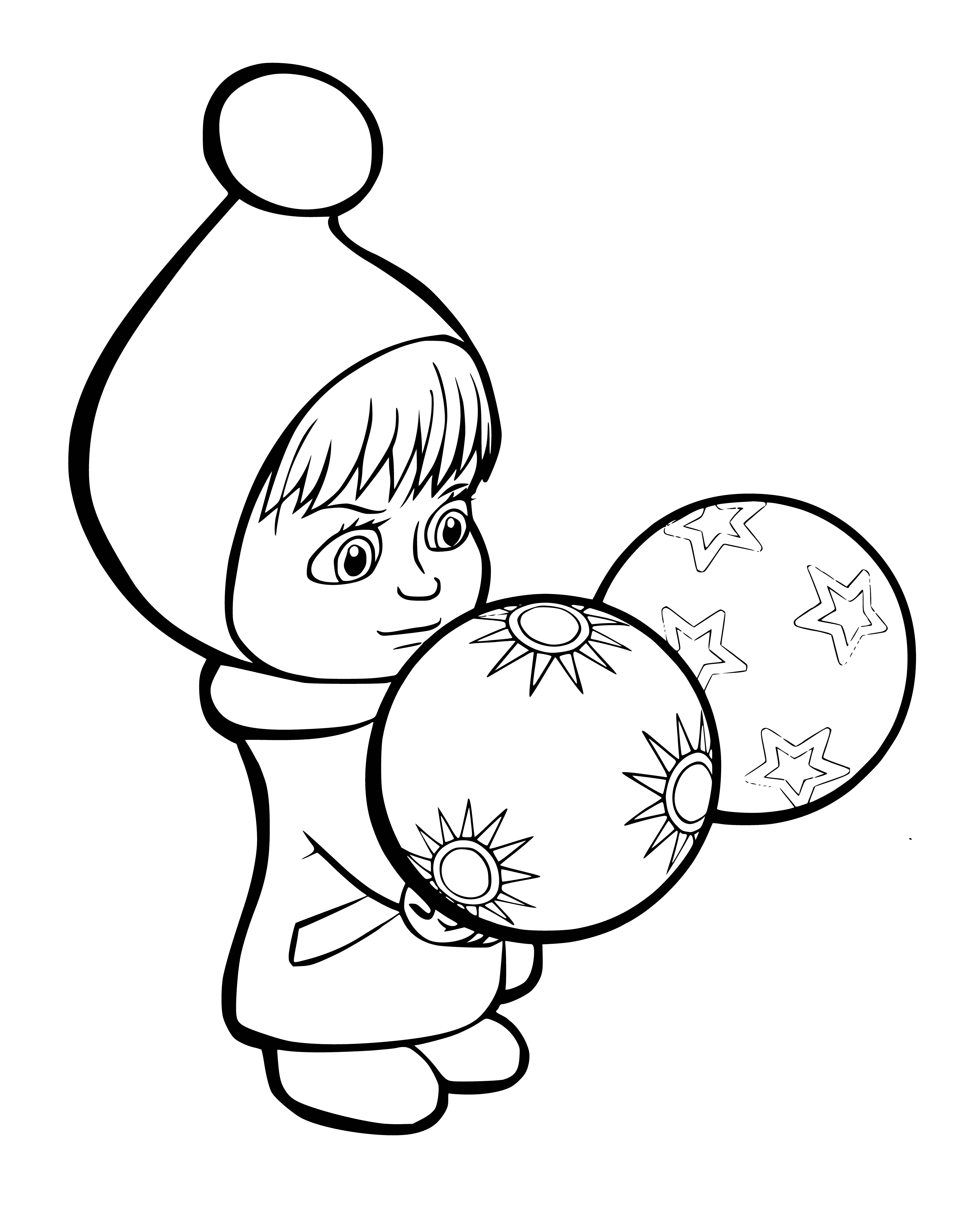 coloring page: Masha, a little girl with blonde hair and a red dress, holds a Christmas decoration and has a big smile.