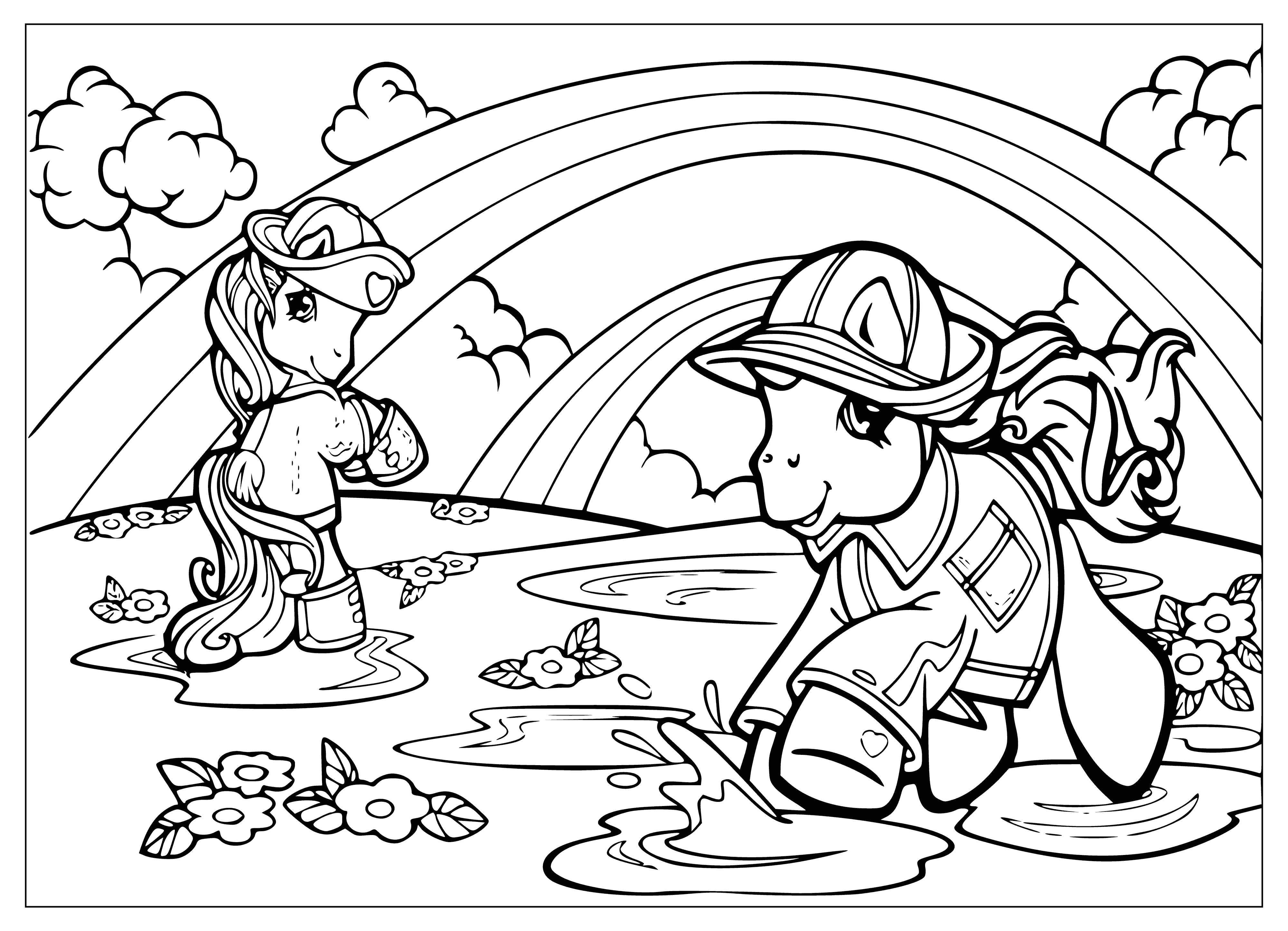 Mijn kleine pony's, pony's spelen in plassen onder de regenboog