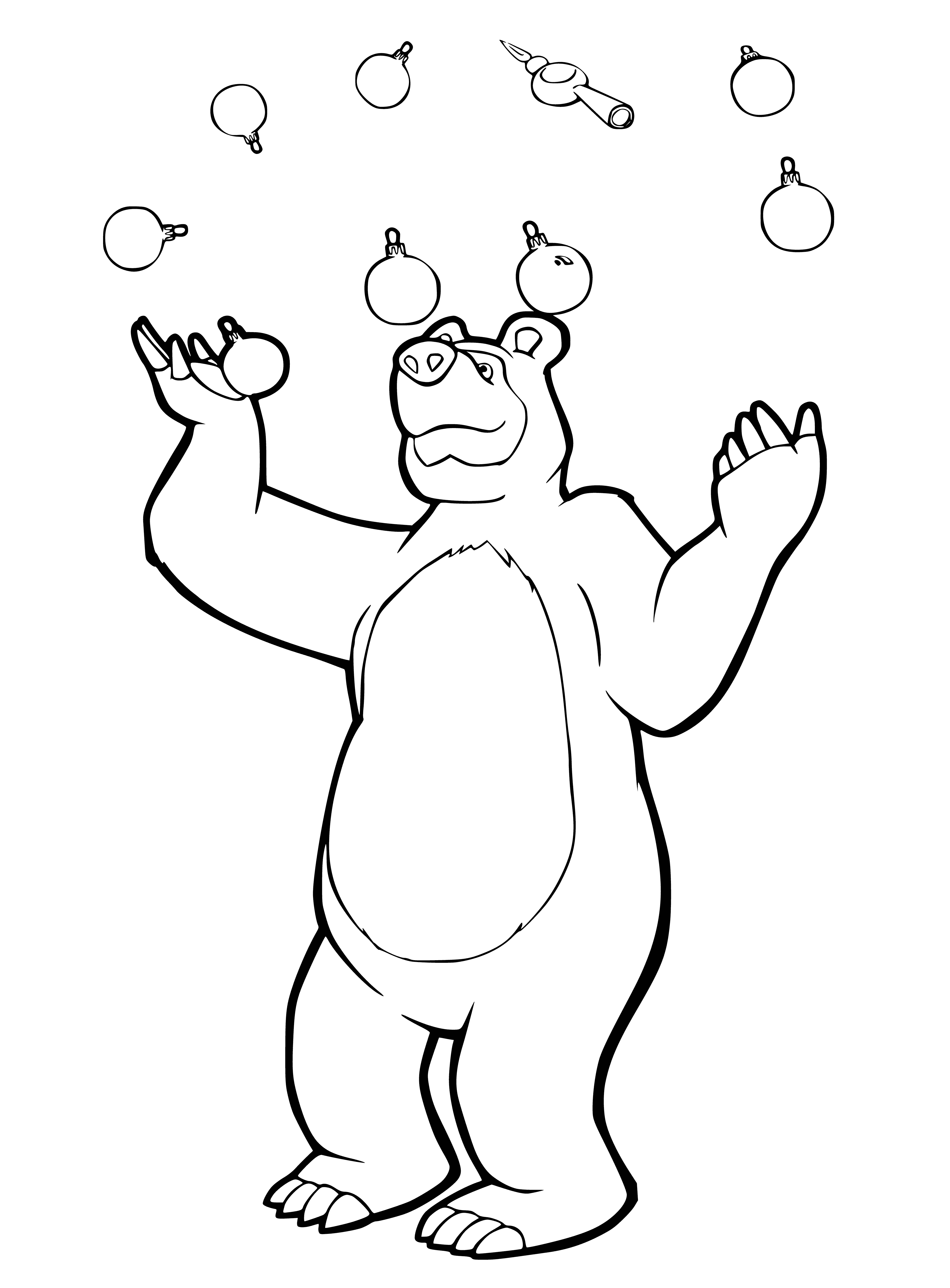 coloring page: Little girl Masha stands next to a bear juggling three red balls, wearing a red scarf.