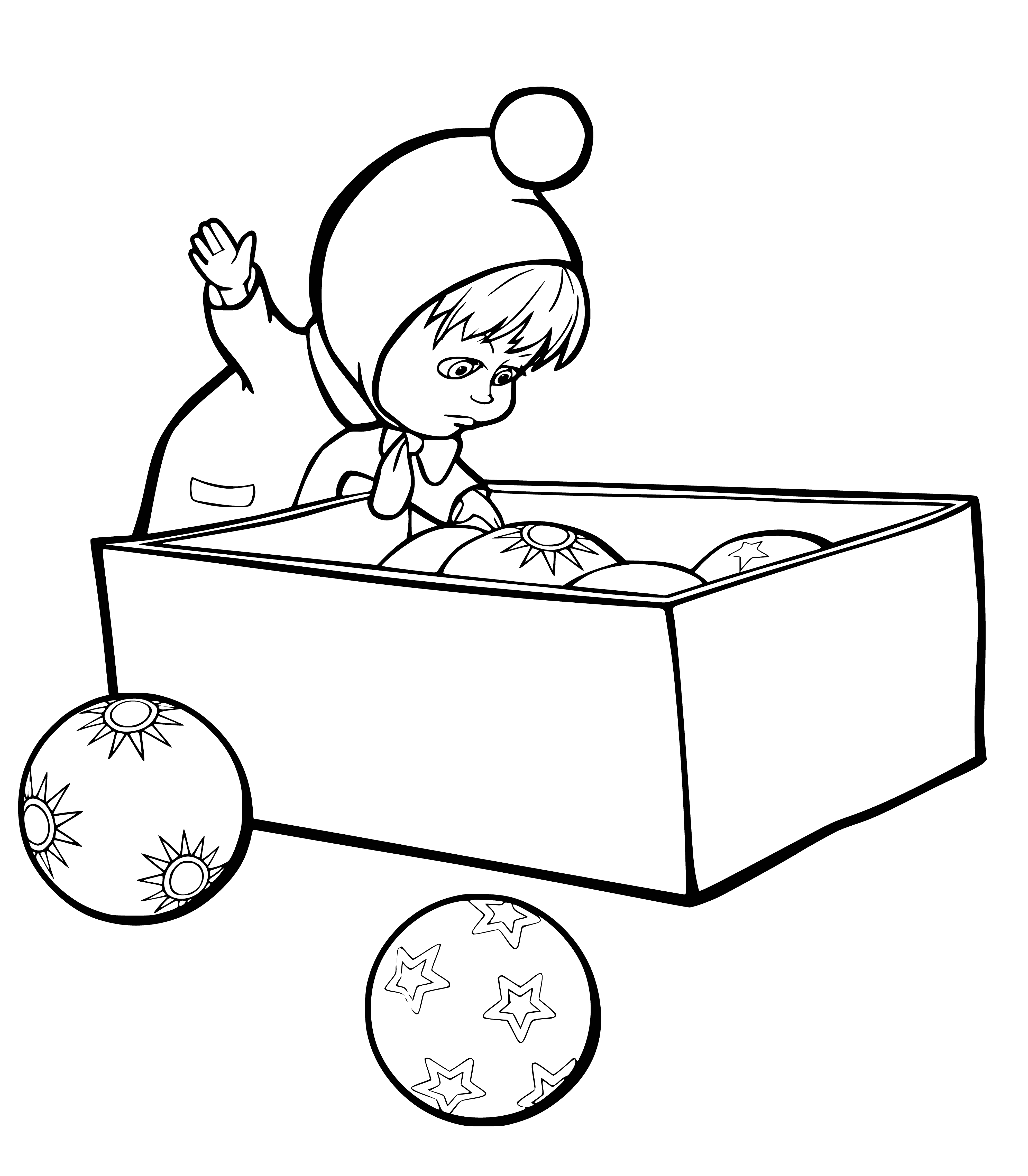 coloring page: Masha juggles 3 balls in a red shirt & blue jeans, w/ blonde pigtails & a large tree & blue sky in the background. #coloringpage