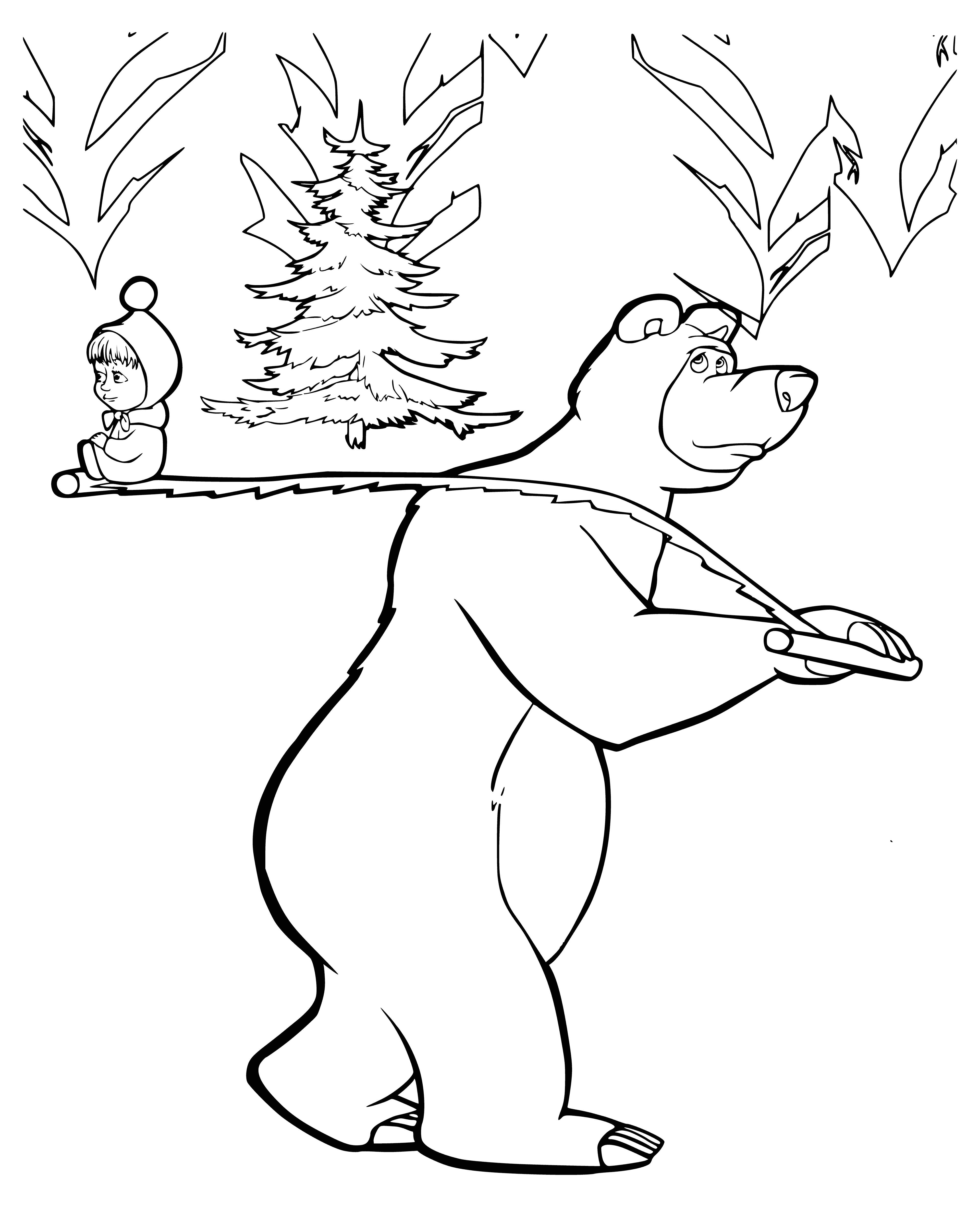 coloring page: Masha, a small bear, and her larger counterpart, the Bear, take a hug break and smile together. #friendship