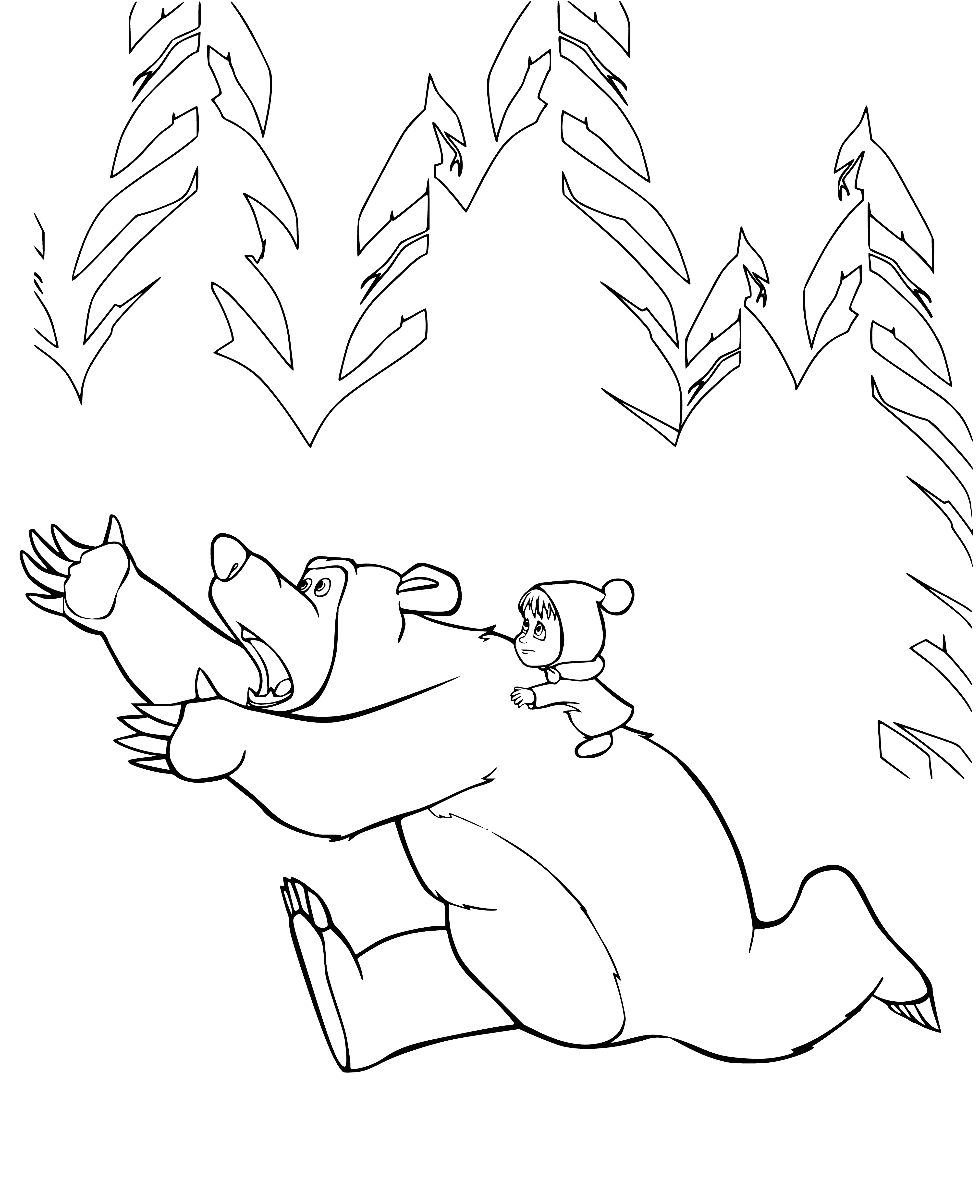 coloring page: Girl in green dress standing on bear head; trees in background. #ColoringBookAdventure