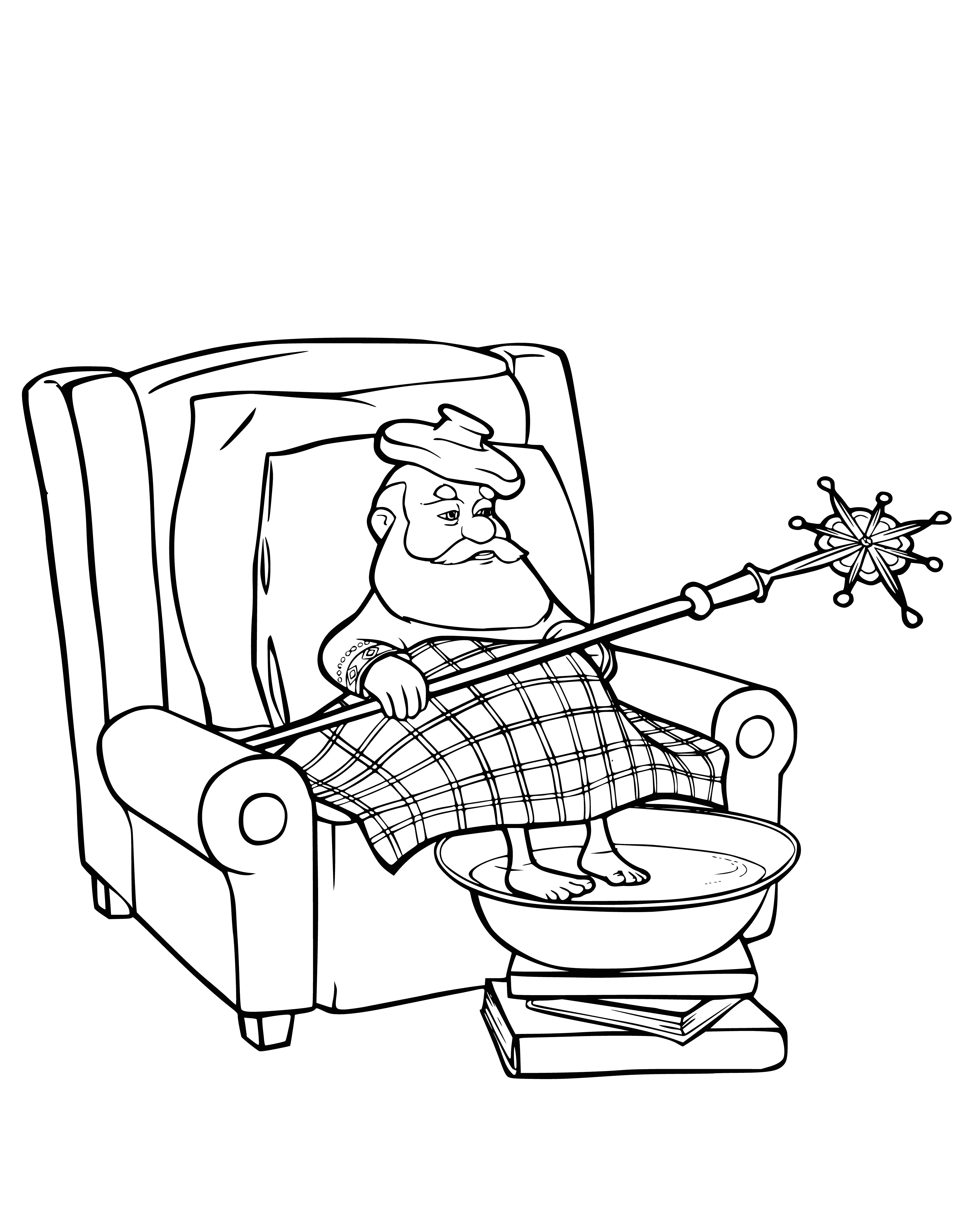 coloring page: Santa Claus sits in a chair with a magic wand and a warm blanket