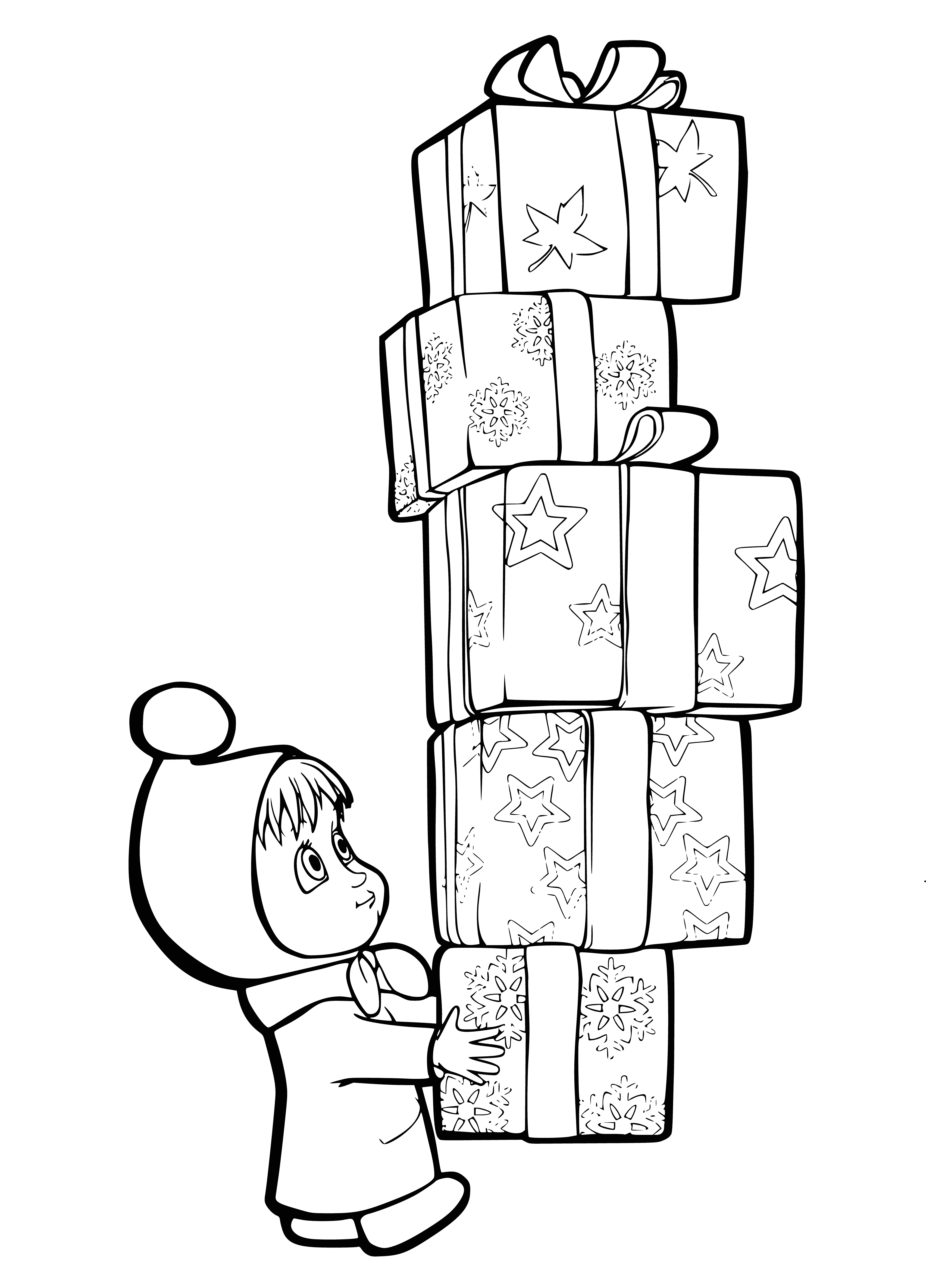 coloring page: Masha grins in delight as she looks at her Christmas presents around the big tree, wrapping paper and bows everywhere!