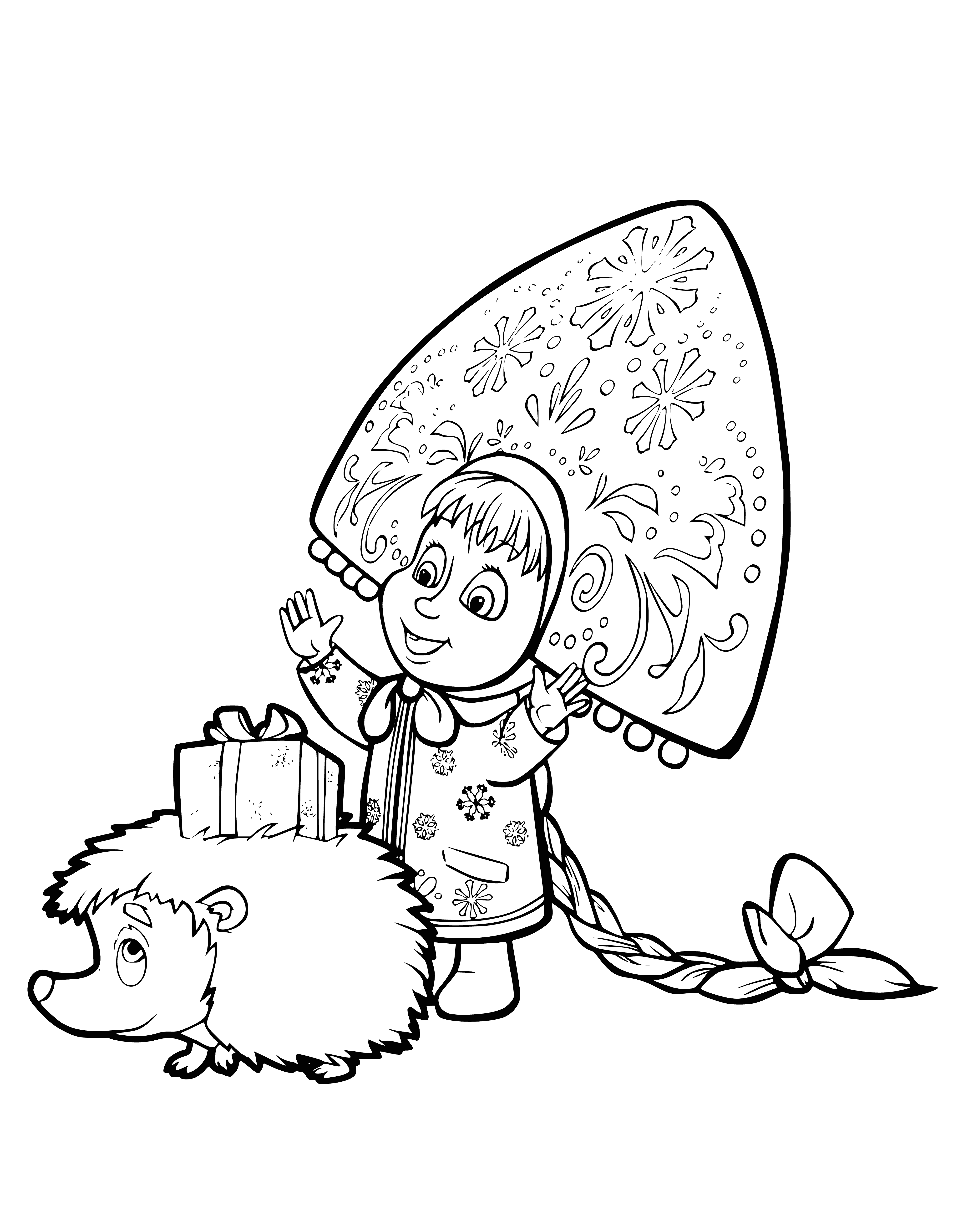 coloring page: Masha is smiling at the Bear, holding a basket of flowers on a hill.