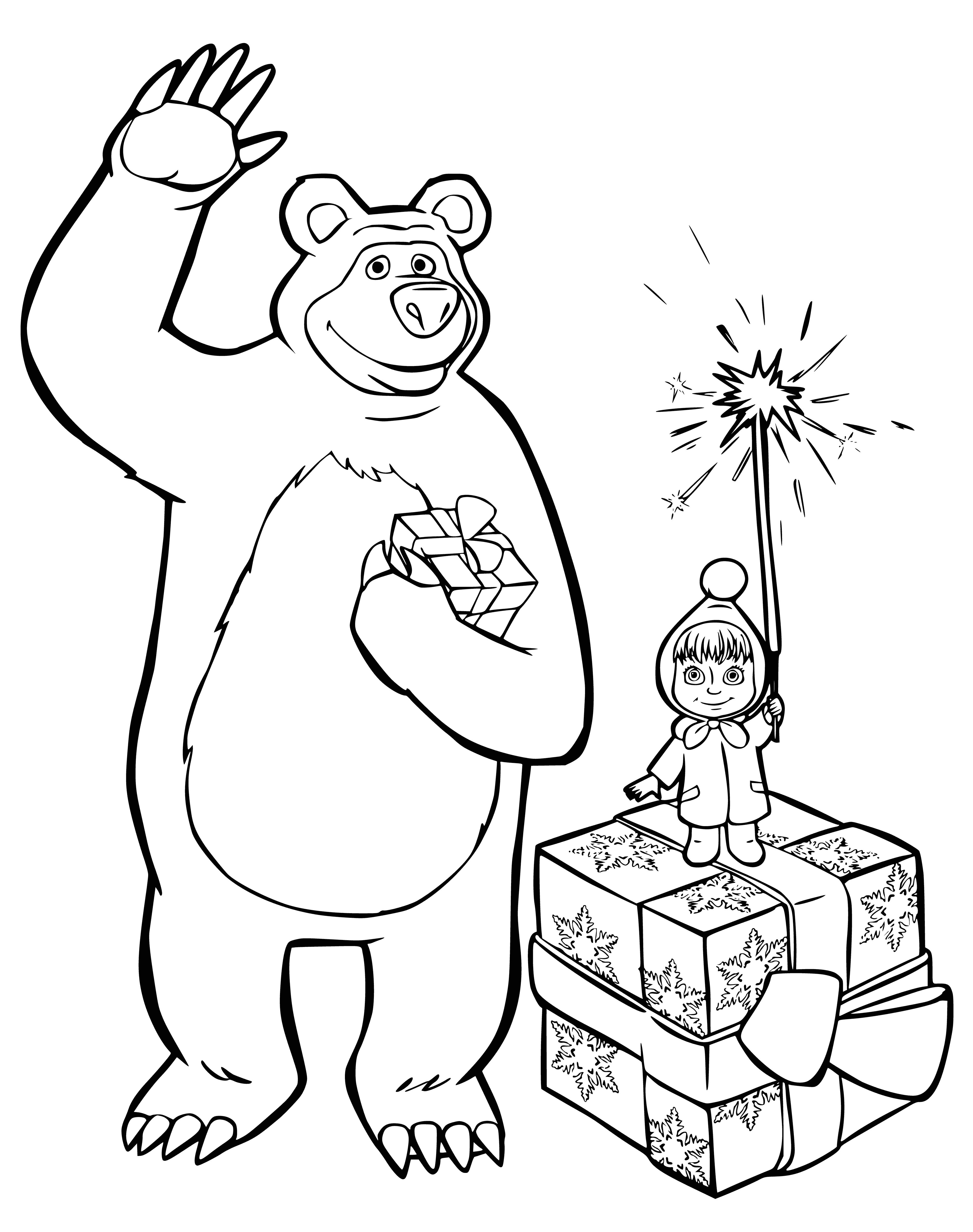 coloring page: Girl in purple dress hugs brown bear, both smiling in front of a Christmas tree with presents.