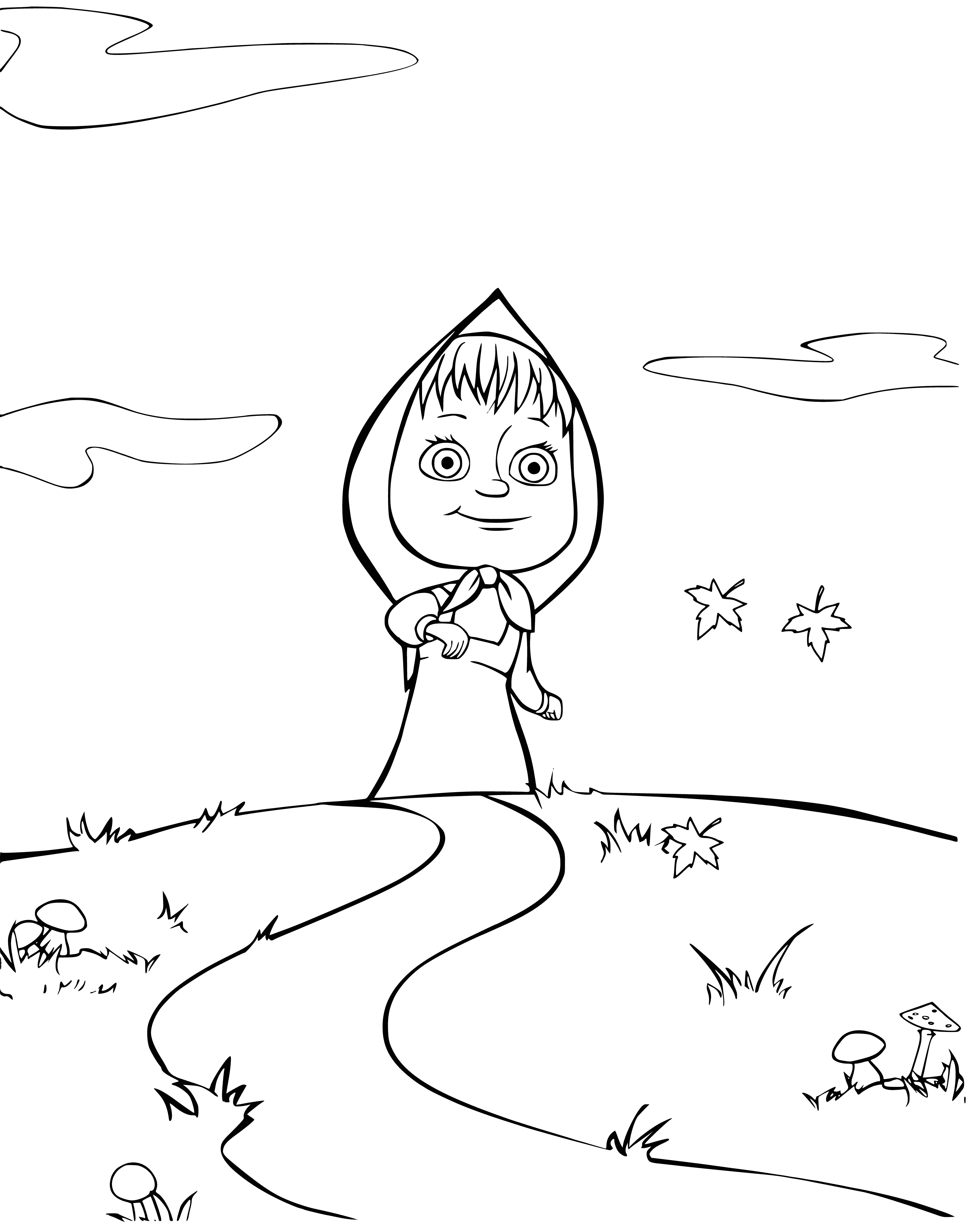 coloring page: Girl in yellow coat & red hat looking at something in distance on hillock with trees & blue sky.