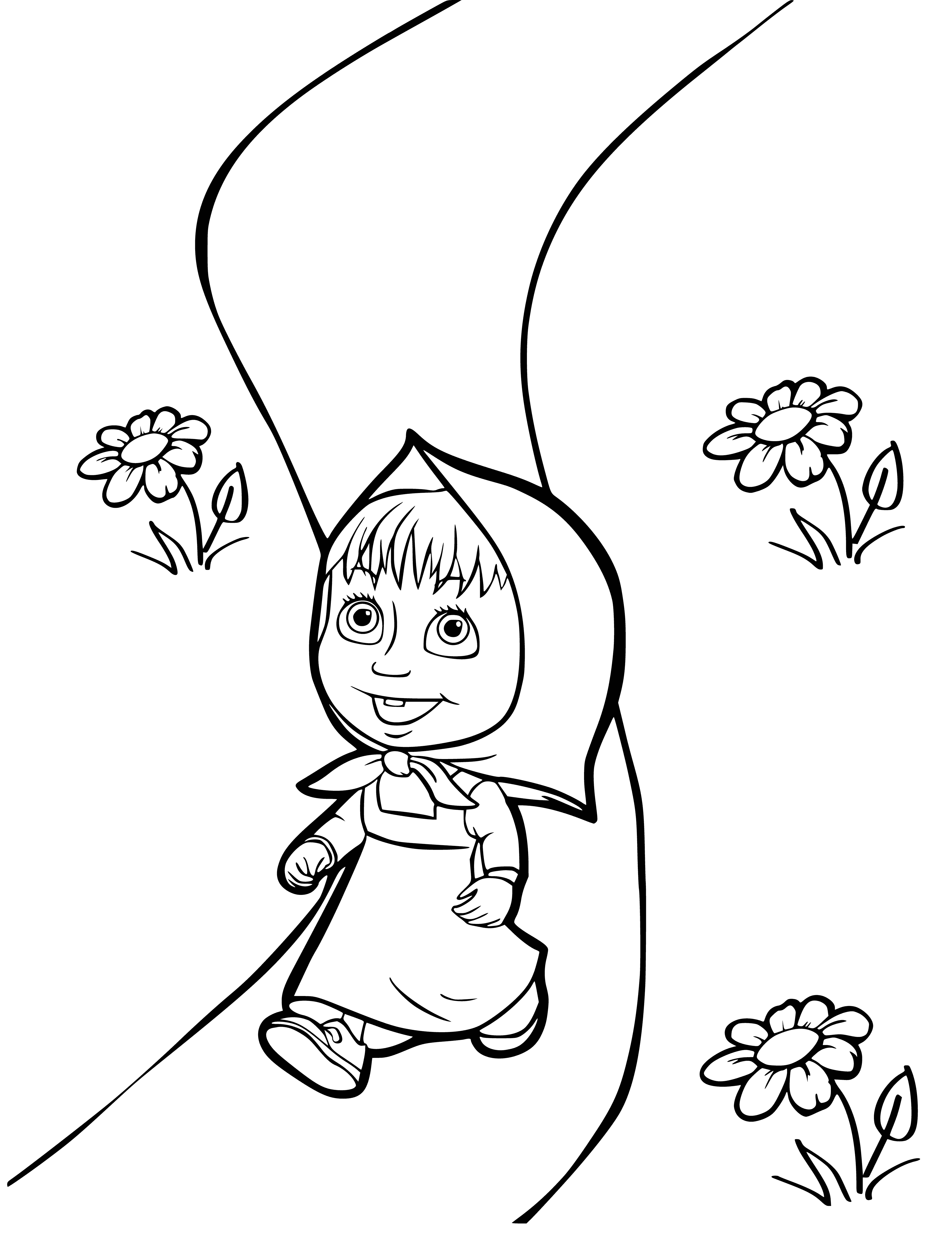 coloring page: Masha meets a grumpy brown bear while picking berries, wearing her red coat, blue scarf and hat.